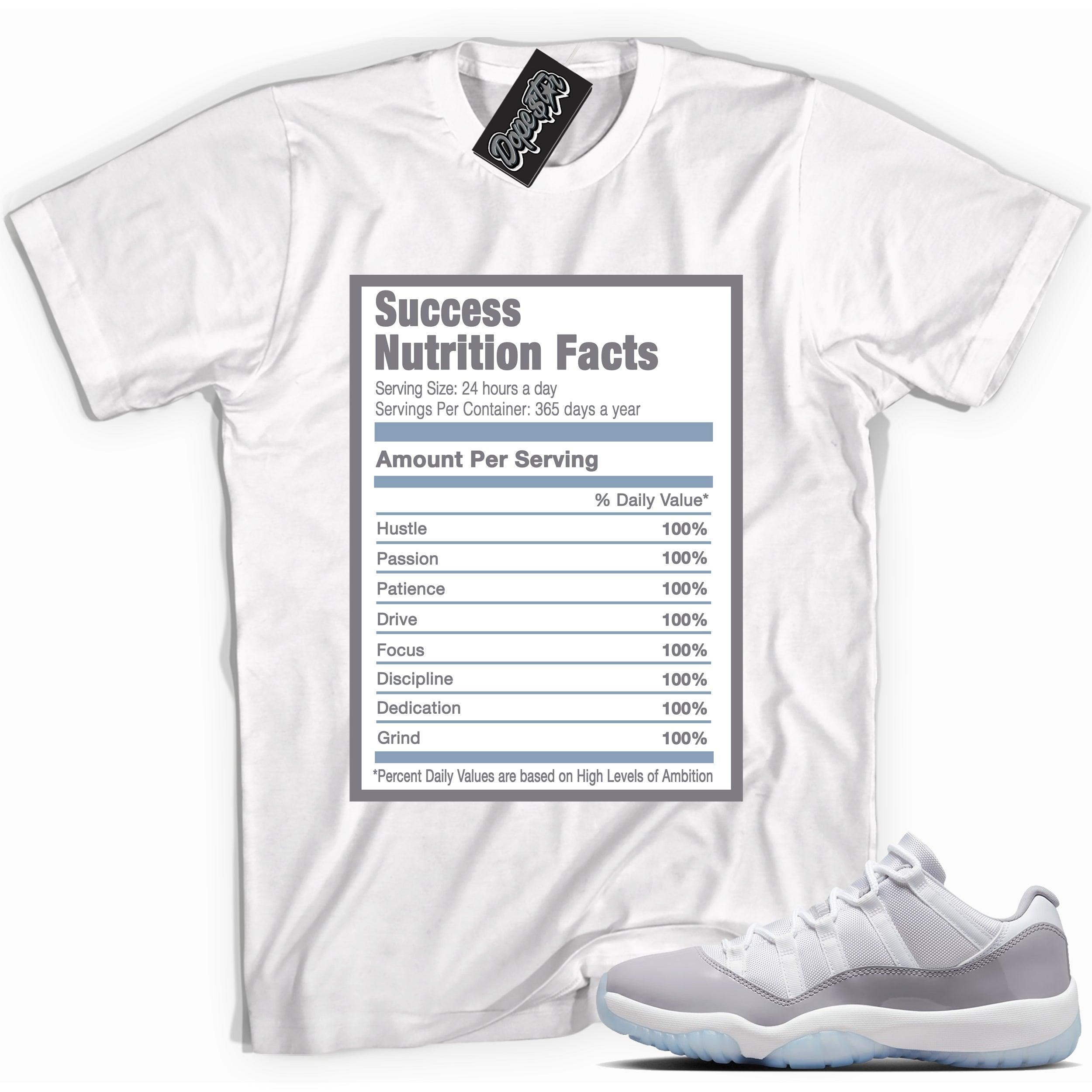 Cool White graphic tee with “ Success Nutrition ” print, that perfectly matches Air Jordan 11 Retro Low Cement Grey sneakers 