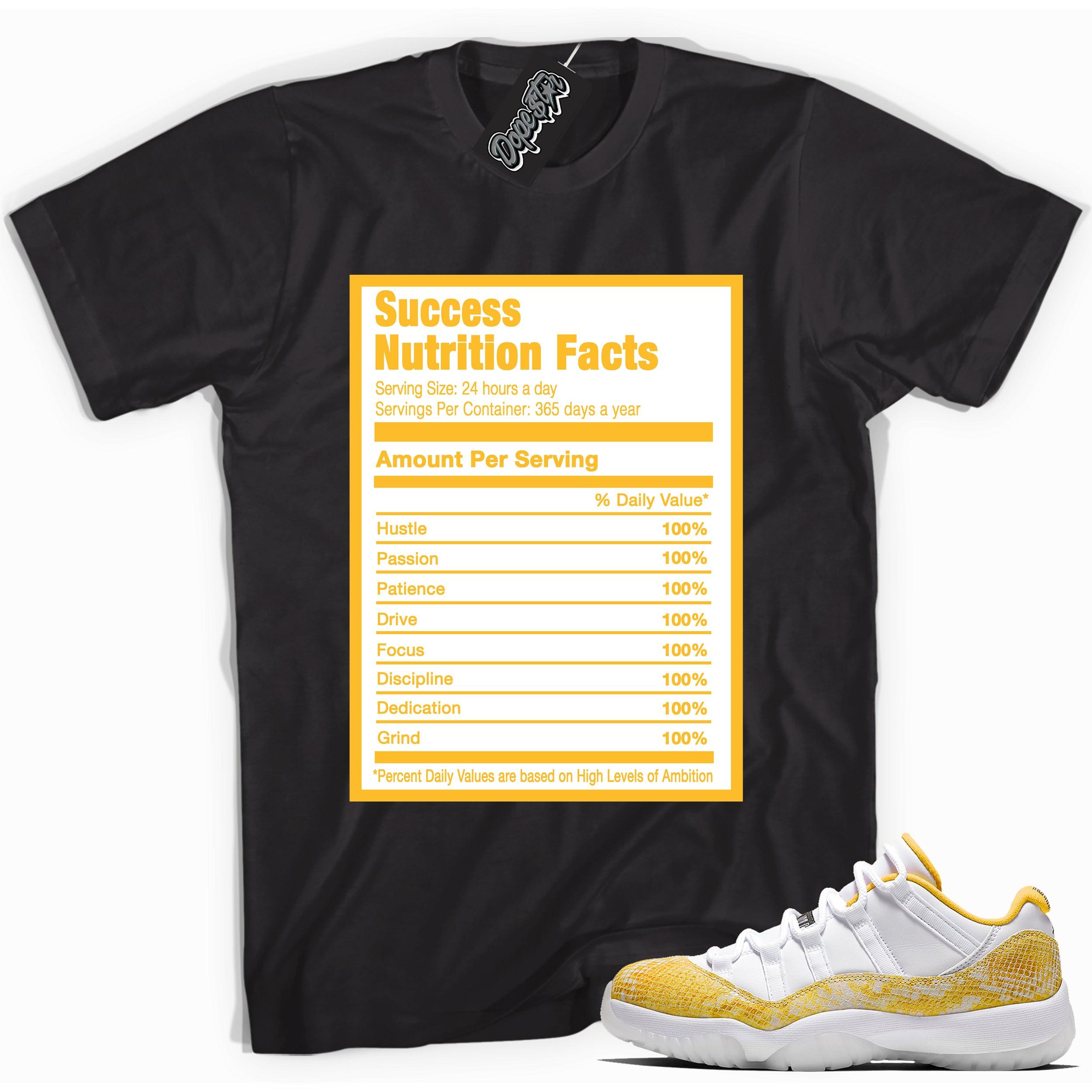 Cool black graphic tee with 'success nutrition facts' print, that perfectly matches  Air Jordan 11 Retro Low Yellow Snakeskin sneakers