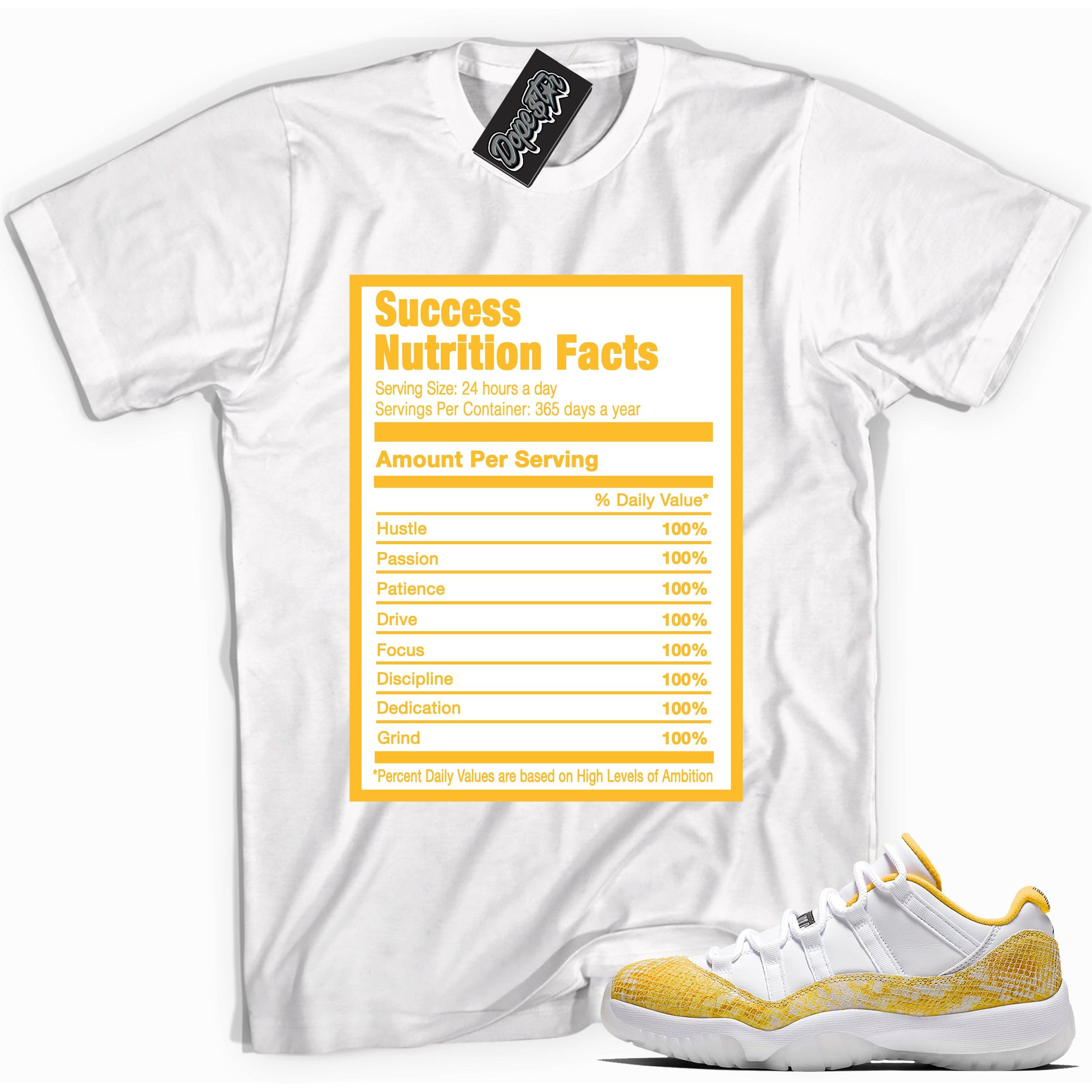Cool white graphic tee with 'success nutrition facts' print, that perfectly matches Air Jordan 11 Retro Low Yellow Snakeskin sneakers