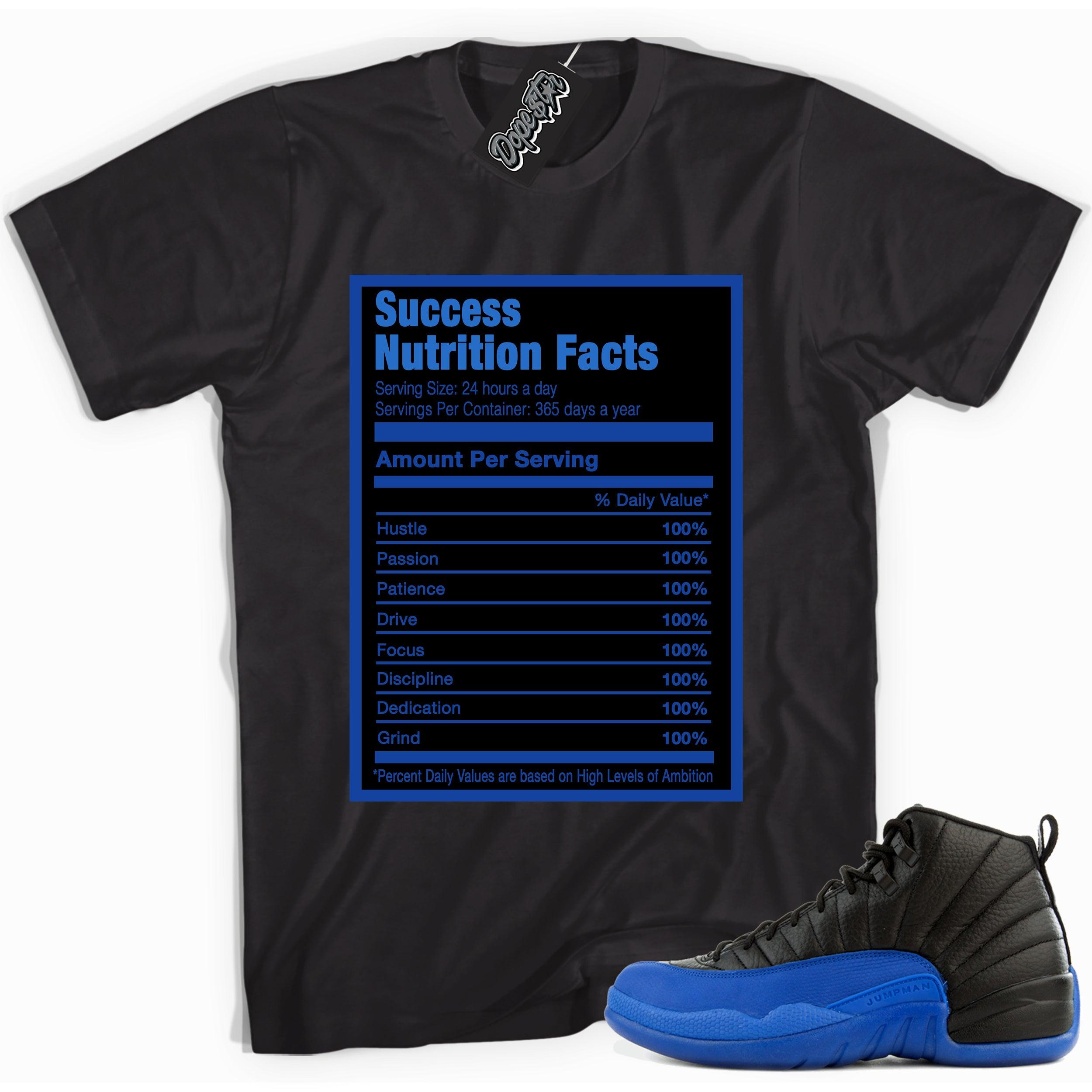 Cool black graphic tee with 'success nutrition facts' print, that perfectly matches  Air Jordan 12 Retro Black Game Royal sneakers.