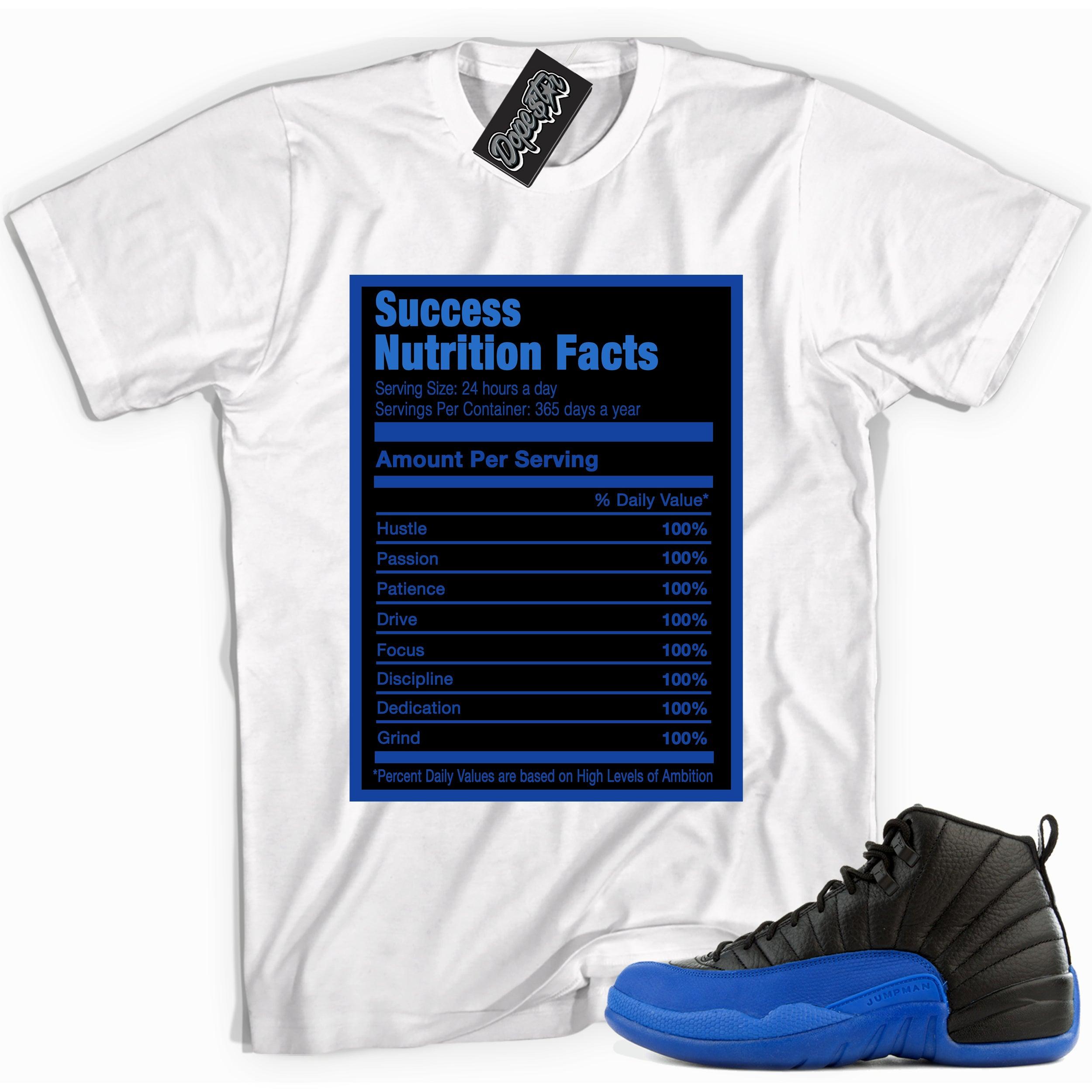 Cool white graphic tee with 'success nutrition facts' print, that perfectly matches Air Jordan 12 Retro Black Game Royal sneakers.