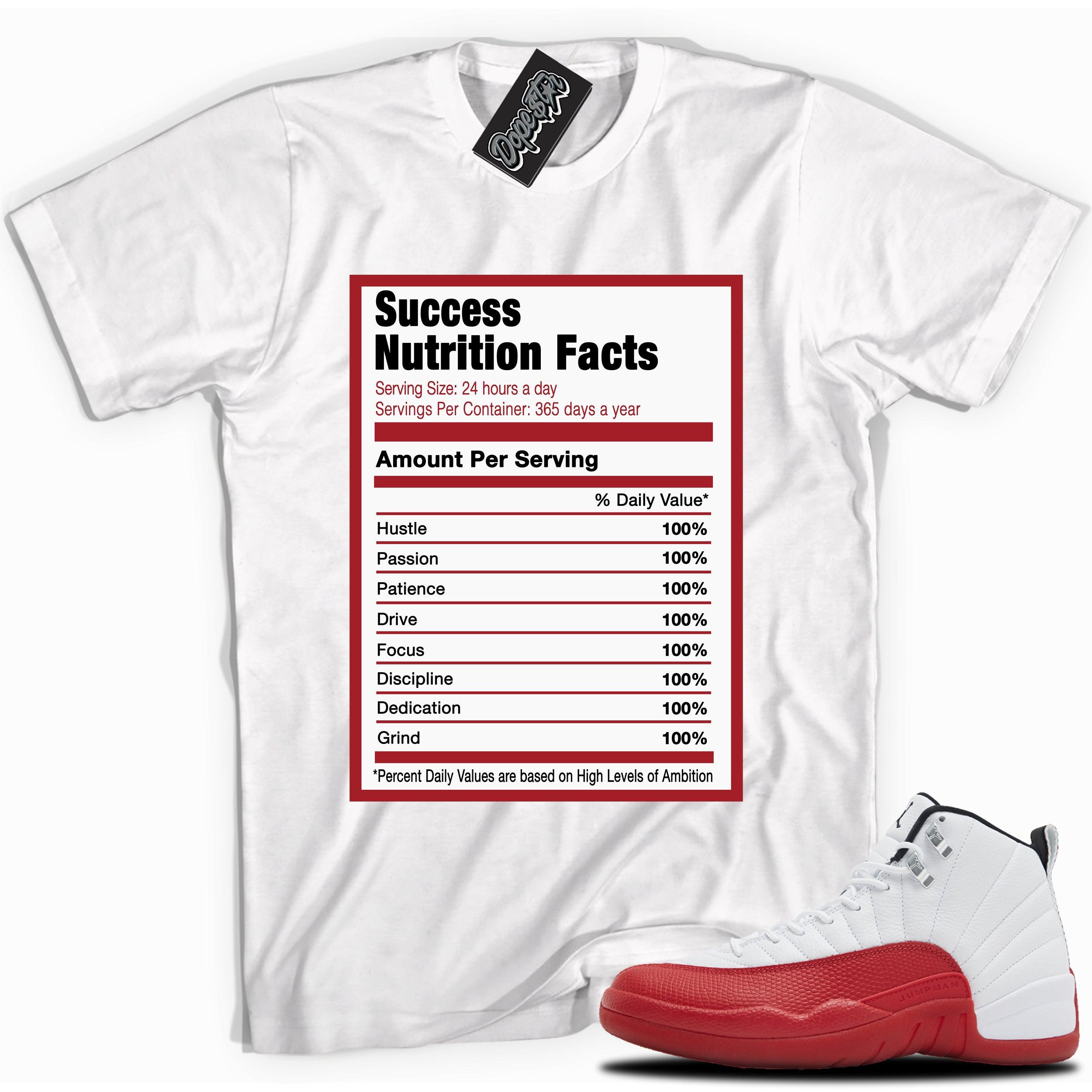 Cool White graphic tee with “Success Nutrition” print, that perfectly matches Air Jordan 12 Retro Cherry Red 2023 red and white sneakers 