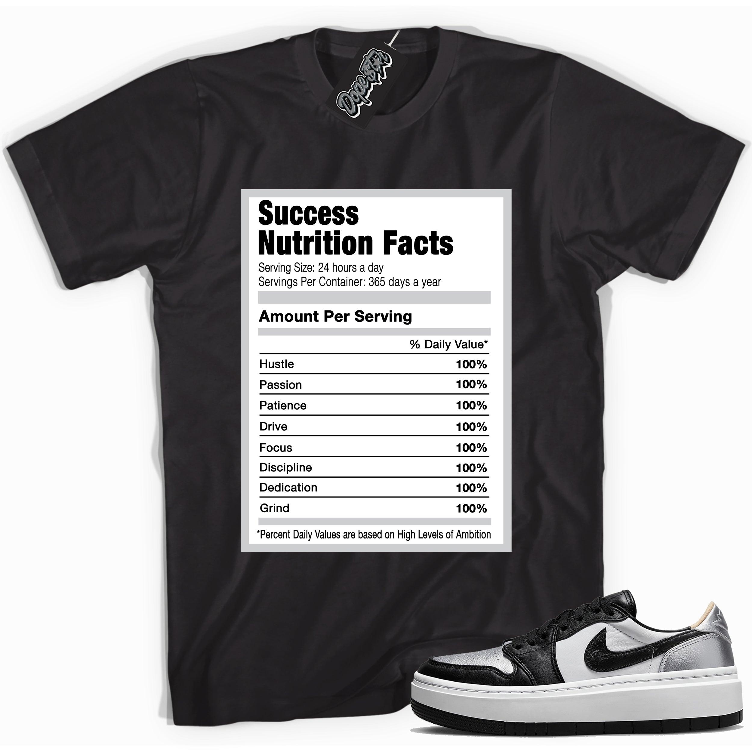 Cool black graphic tee with 'success nutrition facts' print, that perfectly matches Air Jordan 1 Elevate Low SE Silver Toe sneakers.