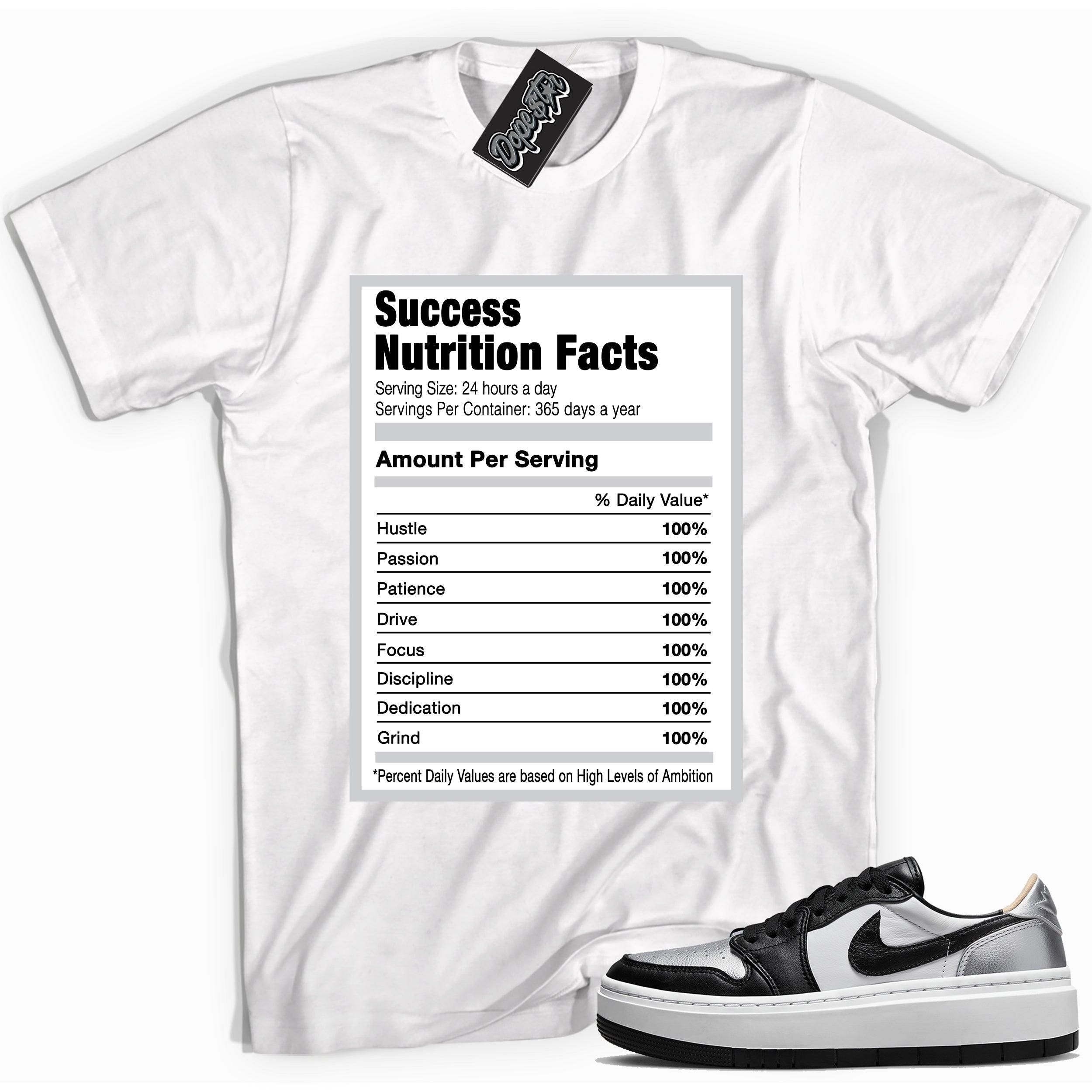 Cool white graphic tee with 'success nutrition facts' print, that perfectly matches Air Jordan 1 Elevate Low SE Silver Toe sneakers.