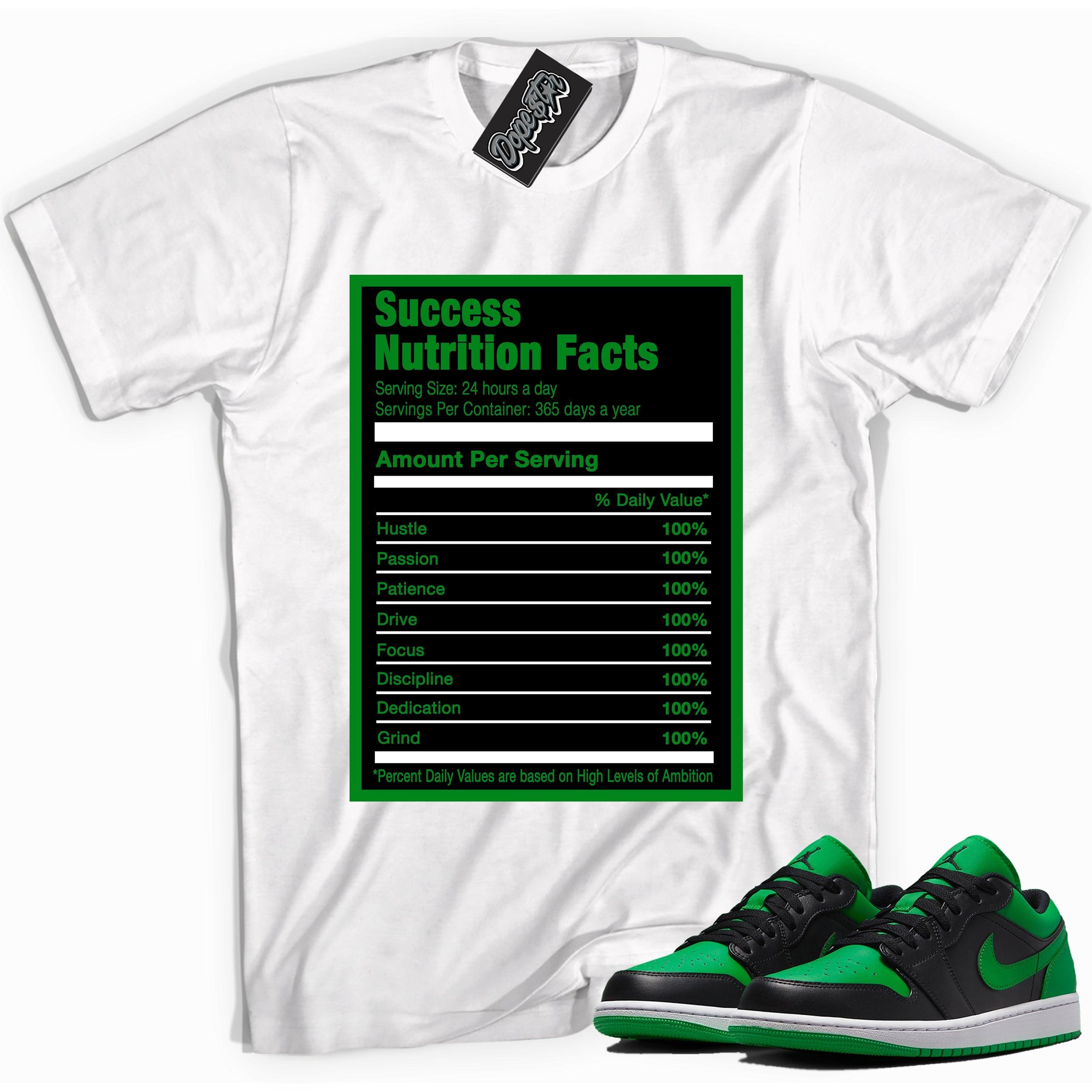 Cool white graphic tee with 'success nutrition facts' print, that perfectly matches Air Jordan 1 Low Lucky Green sneakers