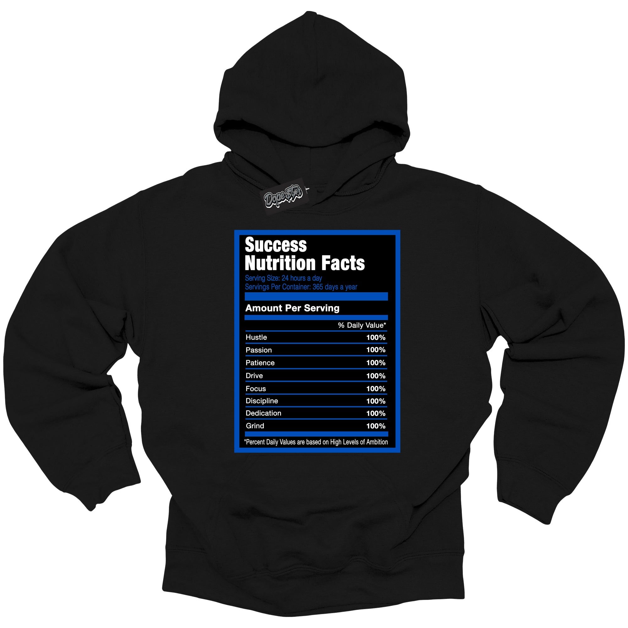 Cool Black Hoodie with “ Success Nutrition ”  design that Perfectly Matches  Royal Reimagined 1s Sneakers.