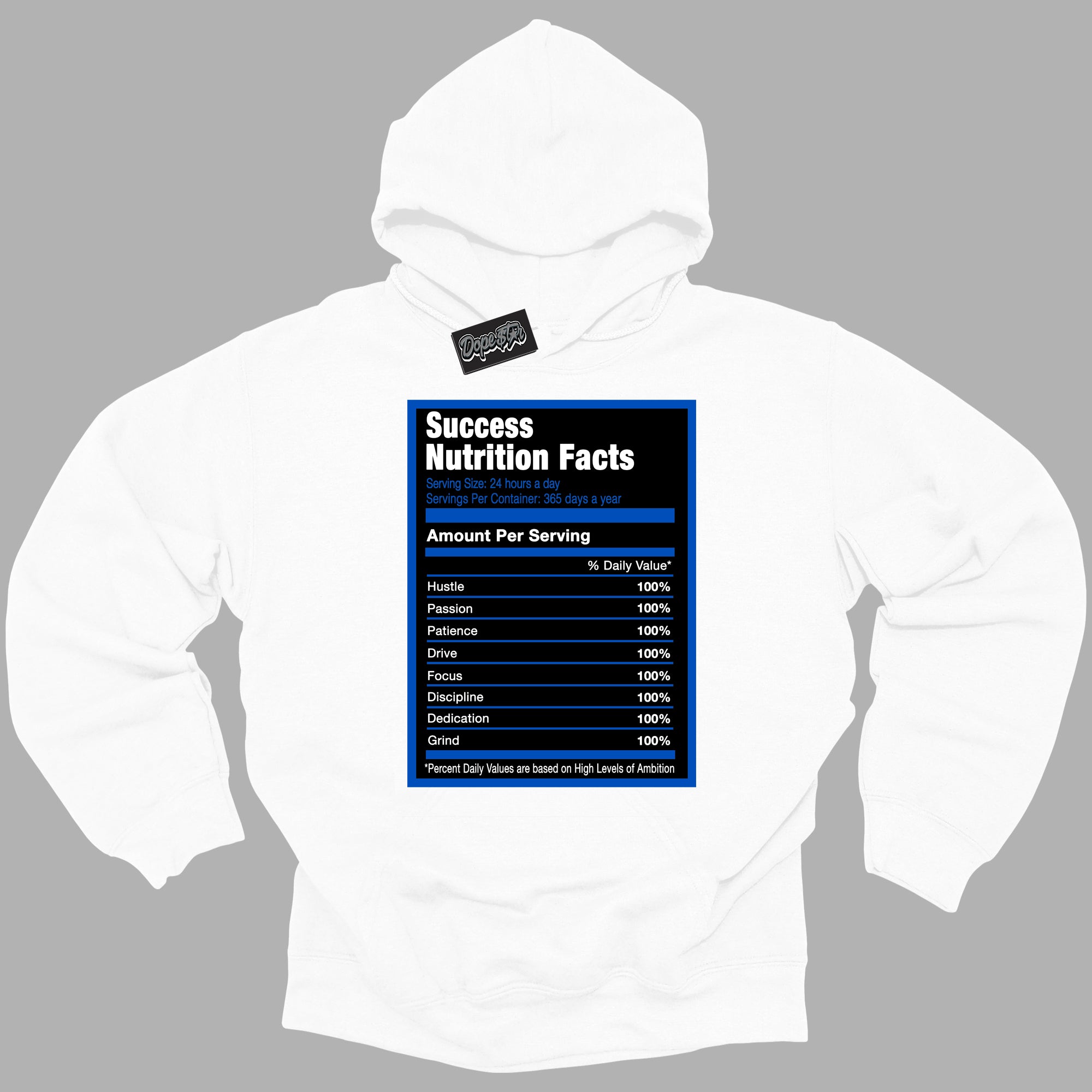 Cool White Hoodie with “ Success Nutrition ”  design that Perfectly Matches Royal Reimagined 1s Sneakers.