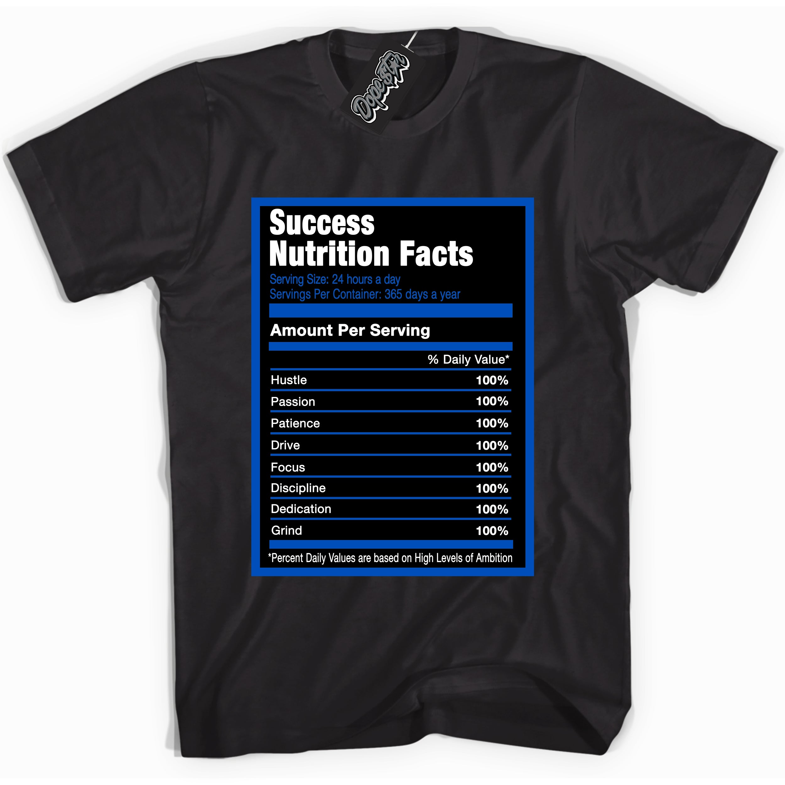 Cool Black graphic tee with Success Nutrition print, that perfectly matches OG Royal Reimagined 1s sneakers 