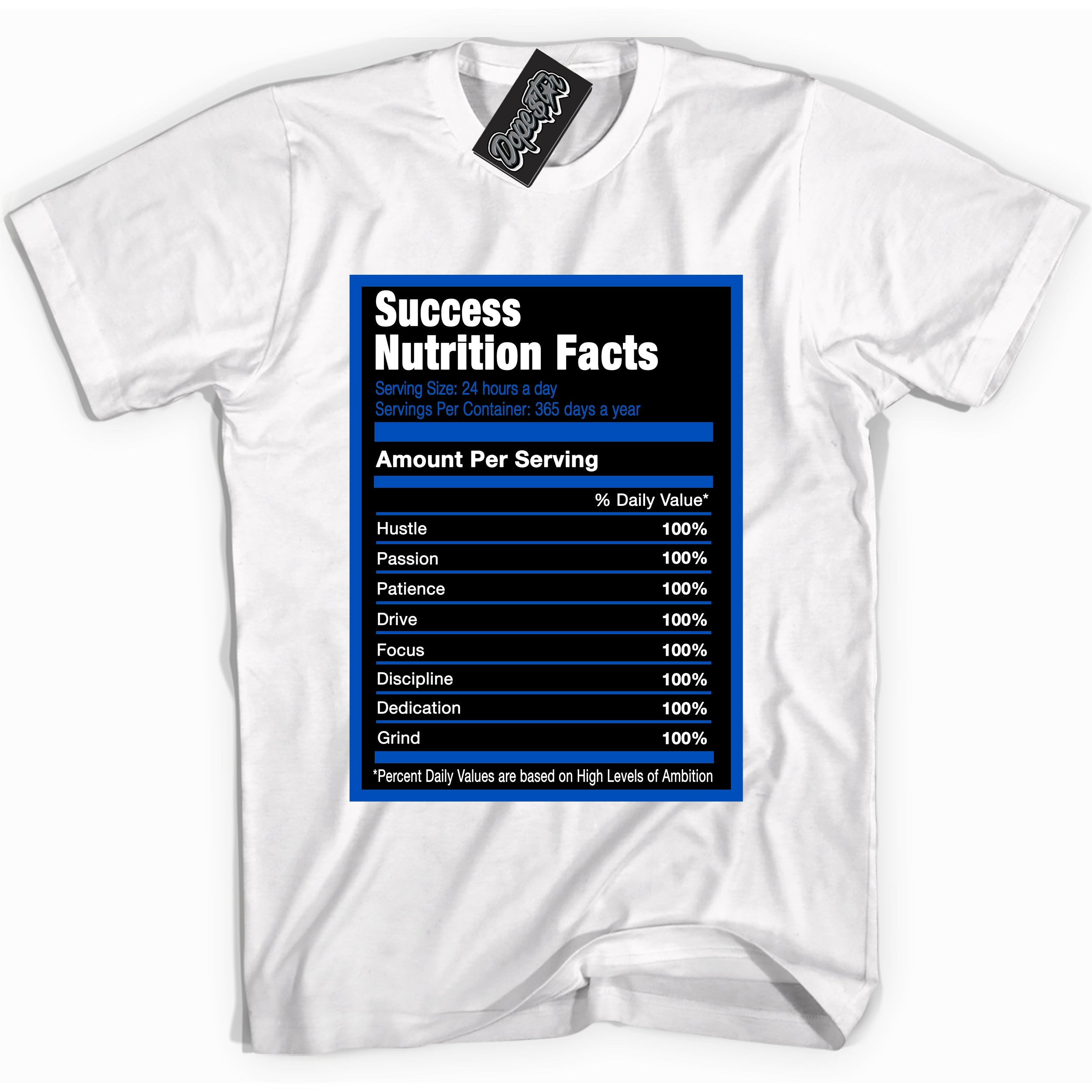 Cool White graphic tee with Success Nutrition print, that perfectly matches OG Royal Reimagined 1s sneakers 