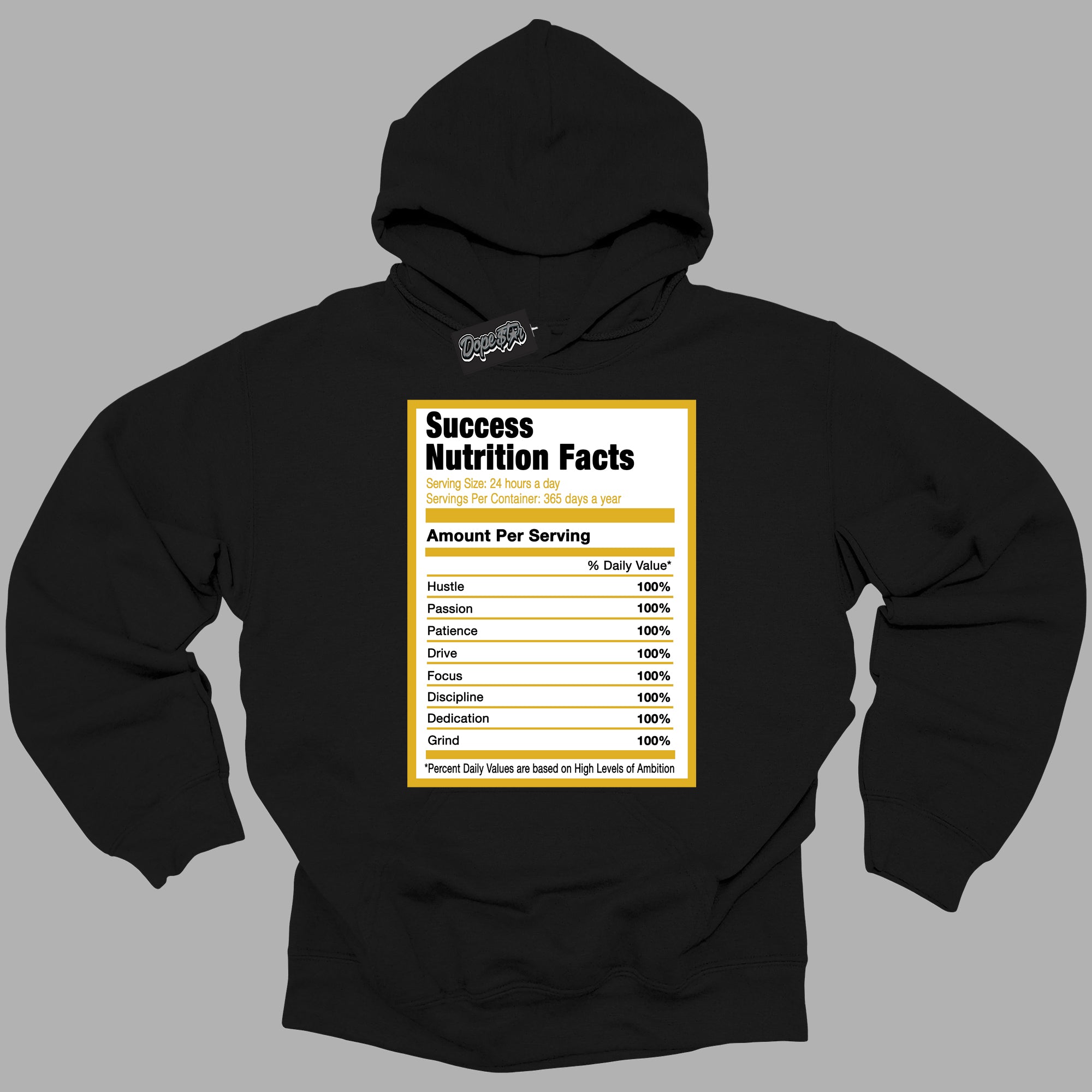 Cool Black Hoodie with “ Success Nutrition ”  design that Perfectly Matches Yellow Ochre 6s Sneakers.