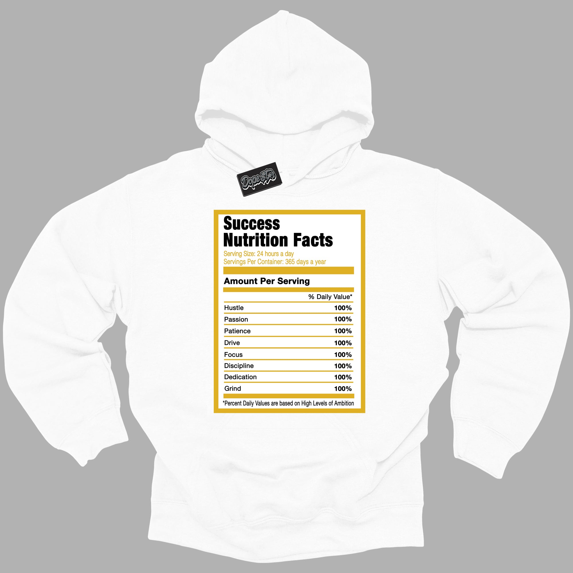 Cool White Hoodie with “ Success Nutrition ”  design that Perfectly Matches Yellow Ochre 6s Sneakers.