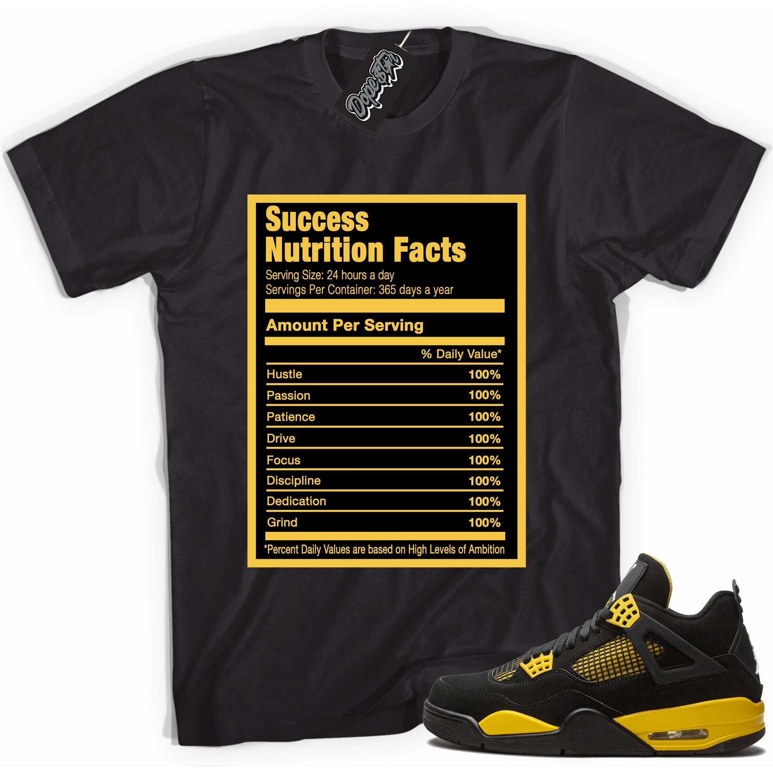 Cool black graphic tee with 'success nutrition facts' print, that perfectly matches  Air Jordan 4 Thunder sneakers