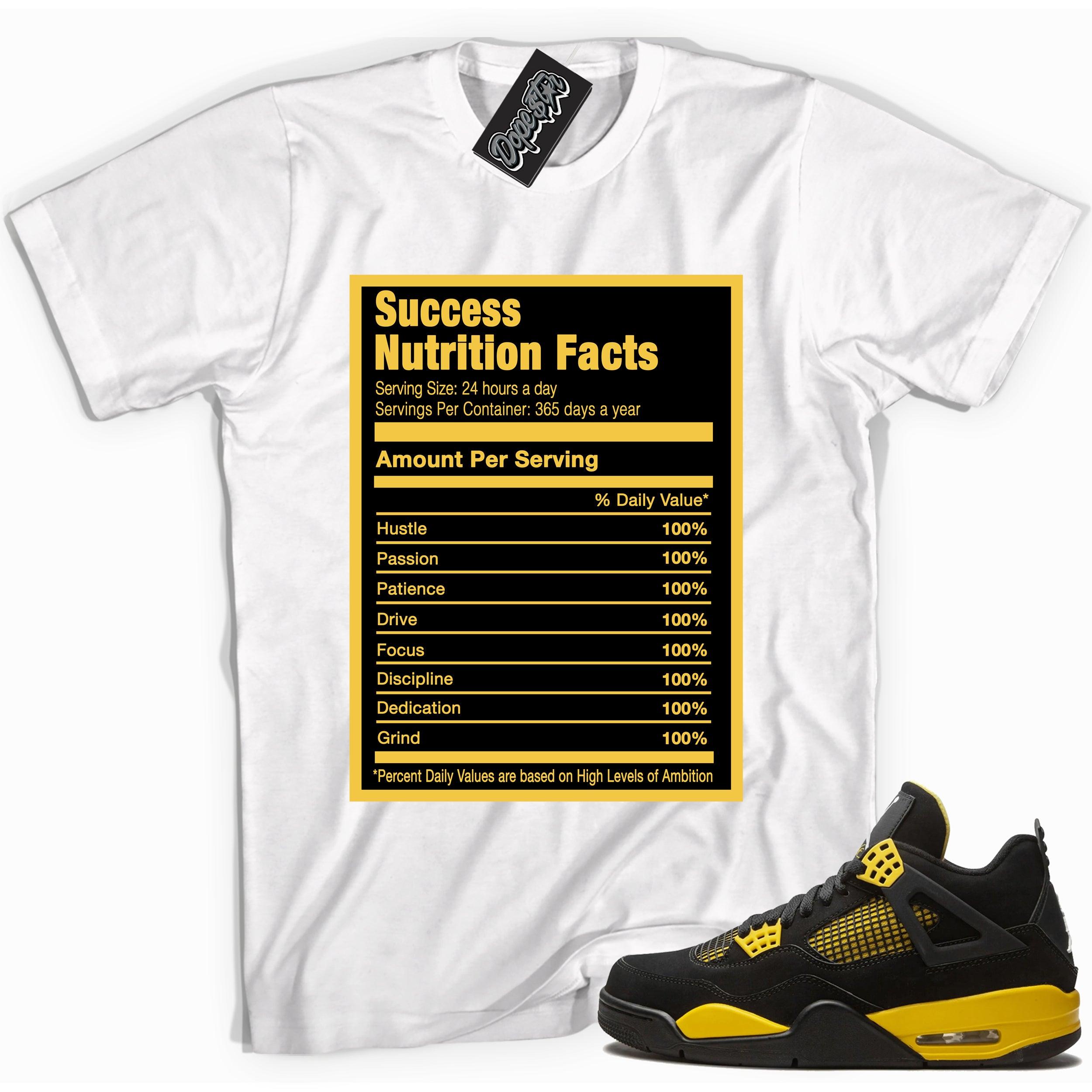 Cool white graphic tee with 'success nutrition facts' print, that perfectly matches Air Jordan 4 Thunder sneakers