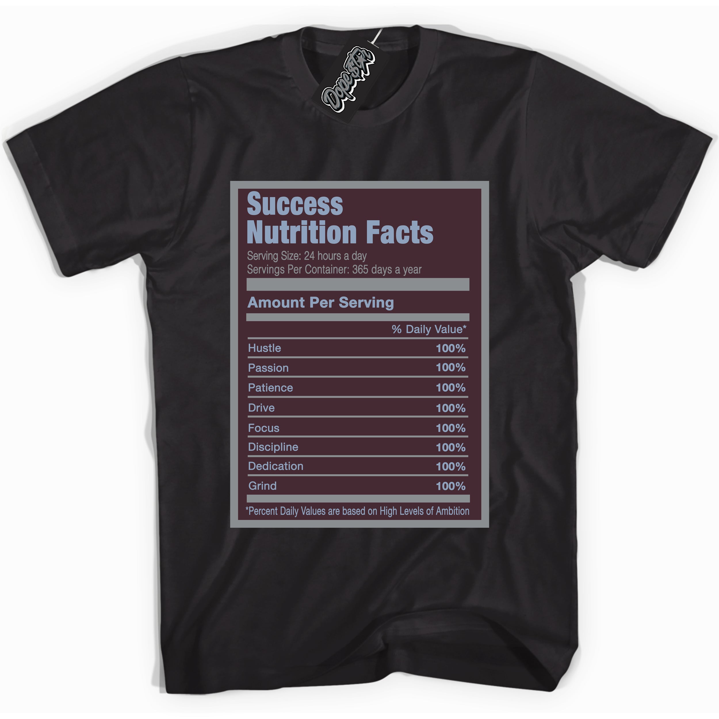 Cool Black Shirt with “ Success Nutrition” design that perfectly matches Burgundy 5s Sneakers.