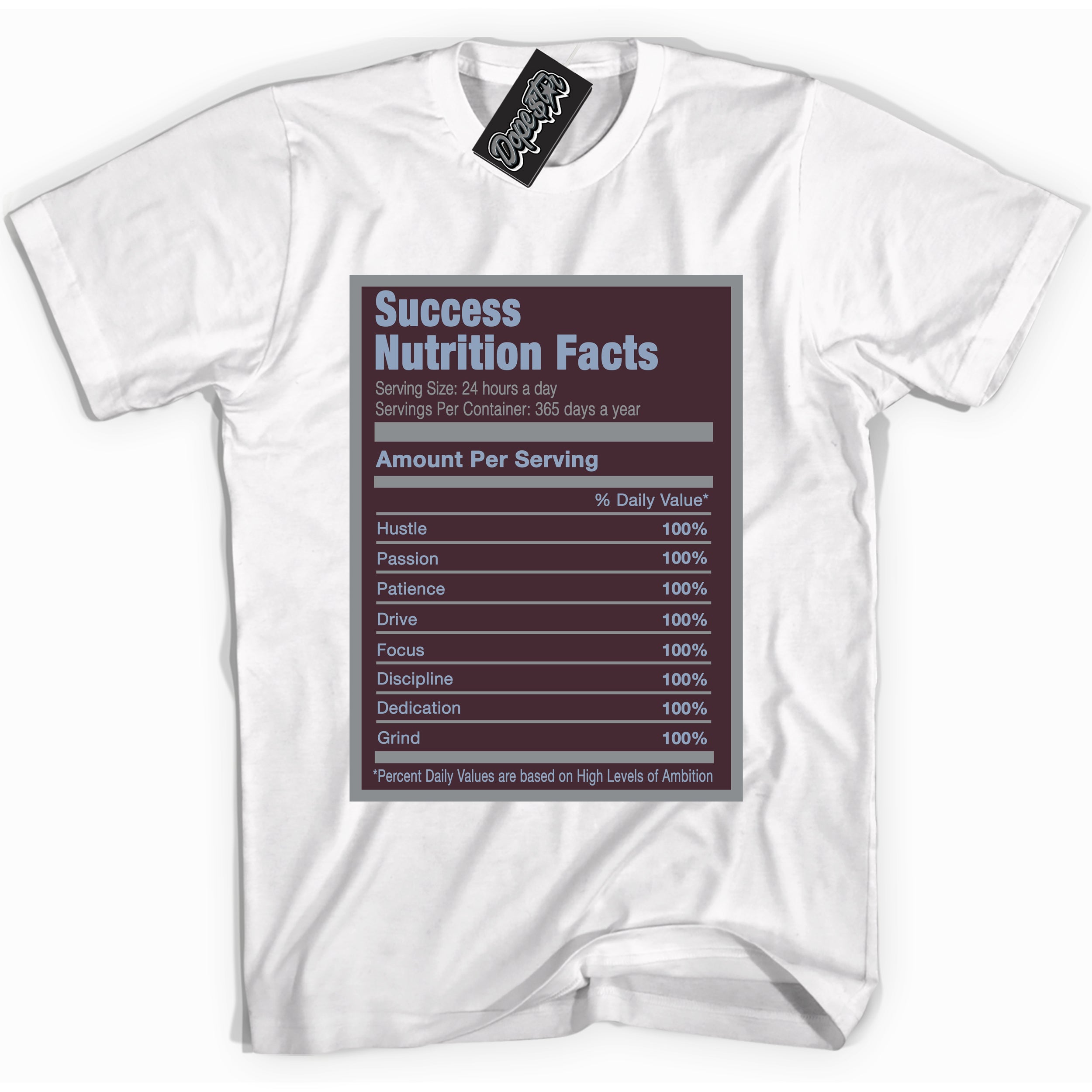 Cool White Shirt with “ Success Nutrition” design that perfectly matches Burgundy 5s Sneakers.