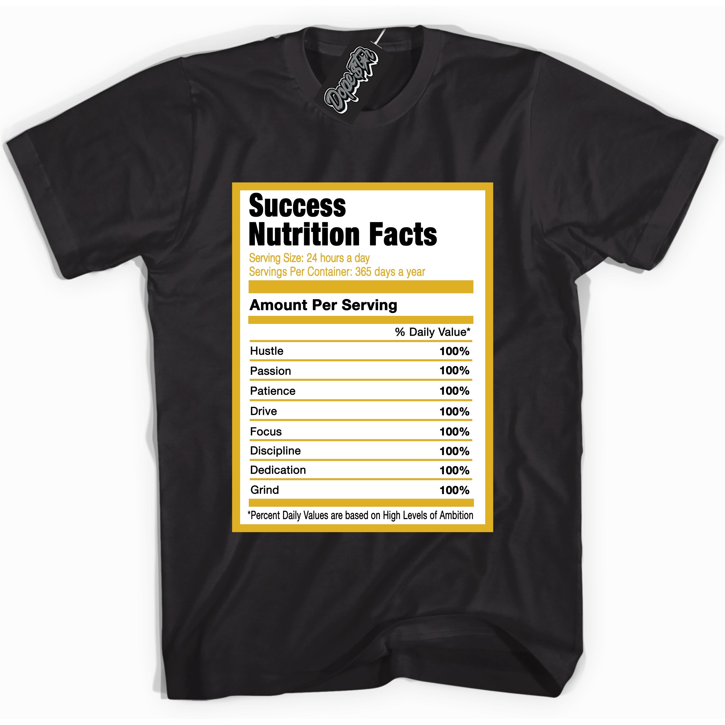 Cool Black Shirt with “ Success Nutrition ” design that perfectly matches Yellow Ochre 6s Sneakers.