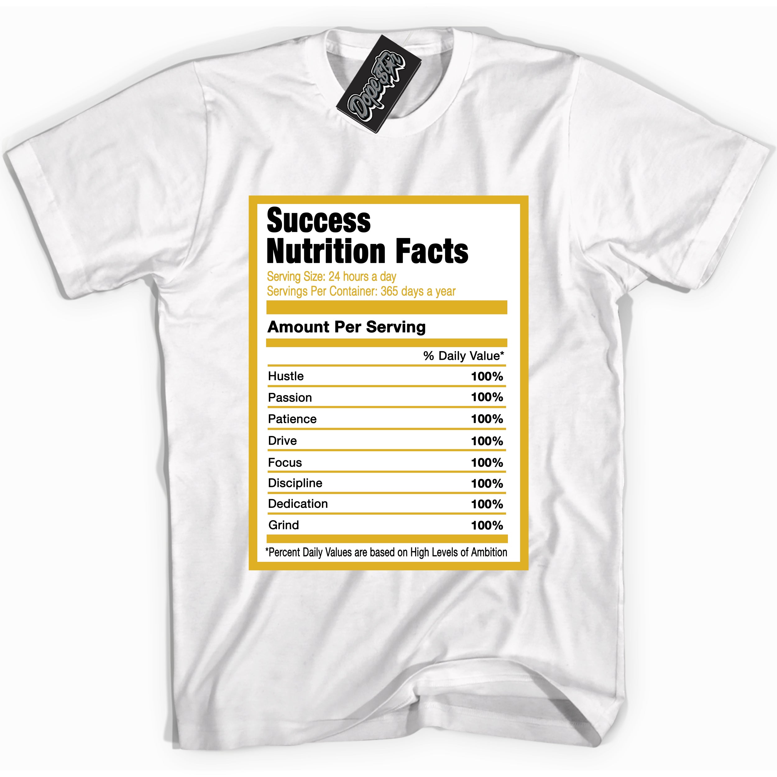 Cool White Shirt with “ Success Nutrition” design that perfectly matches Yellow Ochre 6s Sneakers.