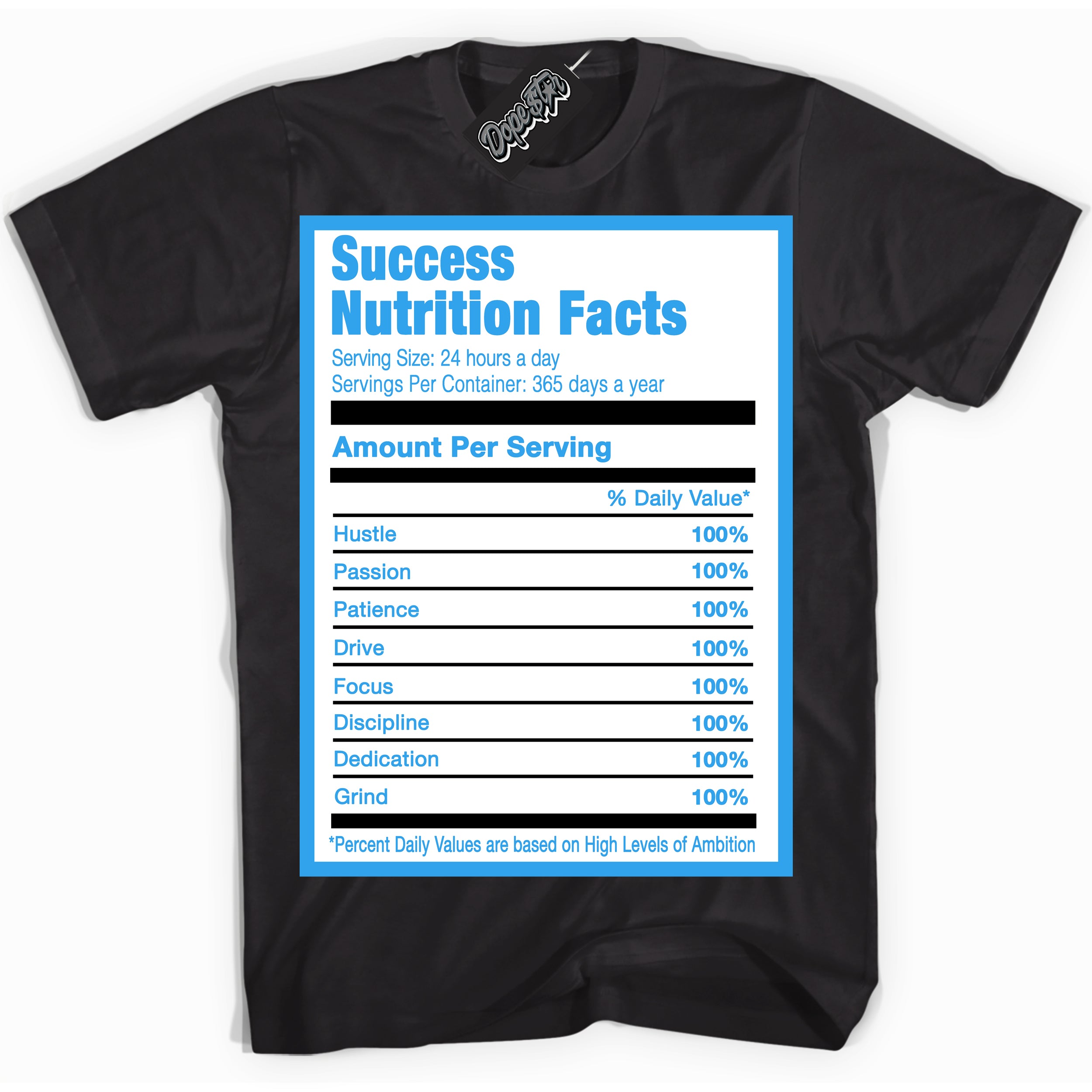 Cool Black graphic tee with “ Success Nutrition ” design, that perfectly matches Powder Blue 9s sneakers 