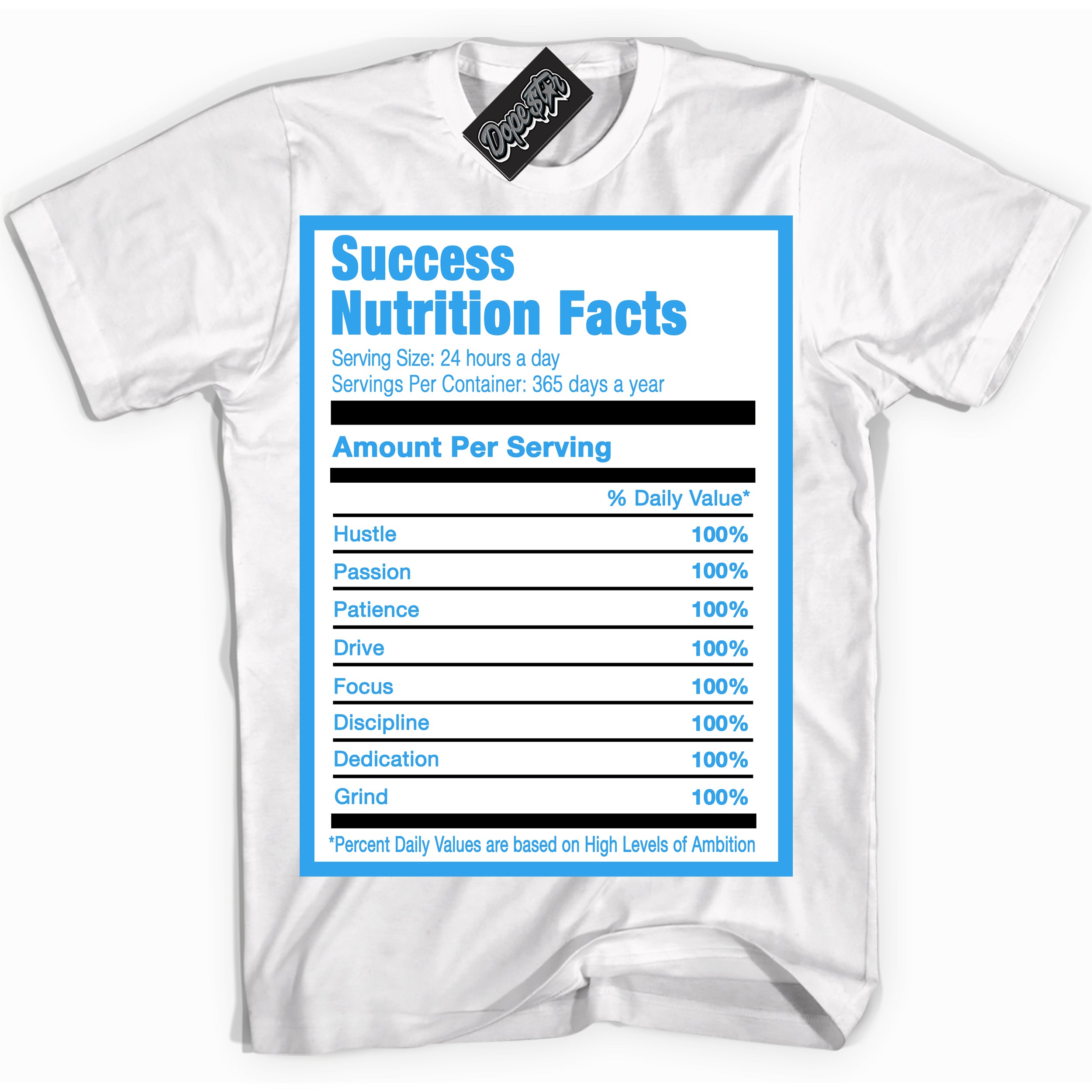 Cool White graphic tee with “ Success Nutrition ” design, that perfectly matches Powder Blue 9s sneakers 