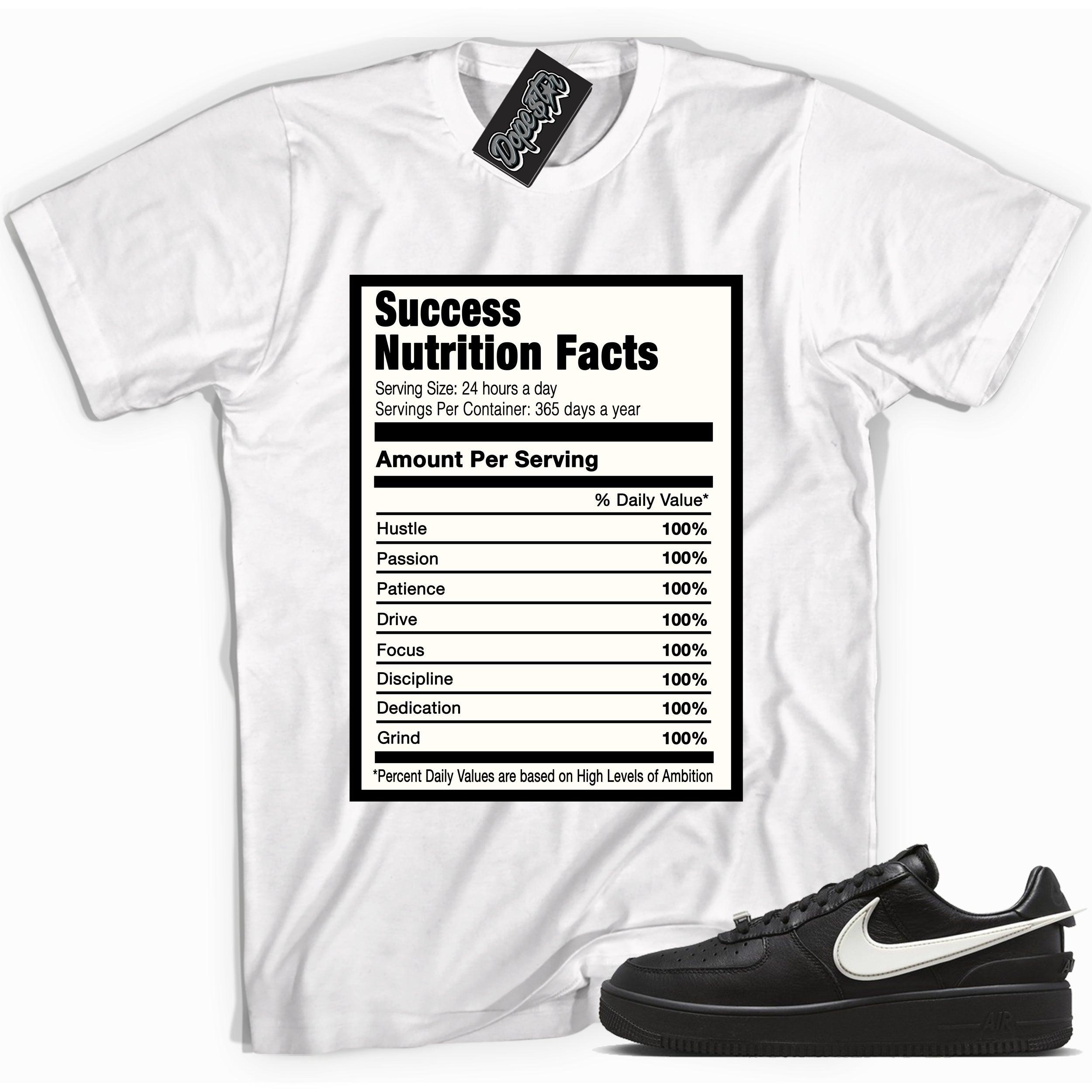 Cool white graphic tee with 'success nutrition facts' print, that perfectly matches Nike Air Force 1 Low SP Ambush Phantom sneakers.