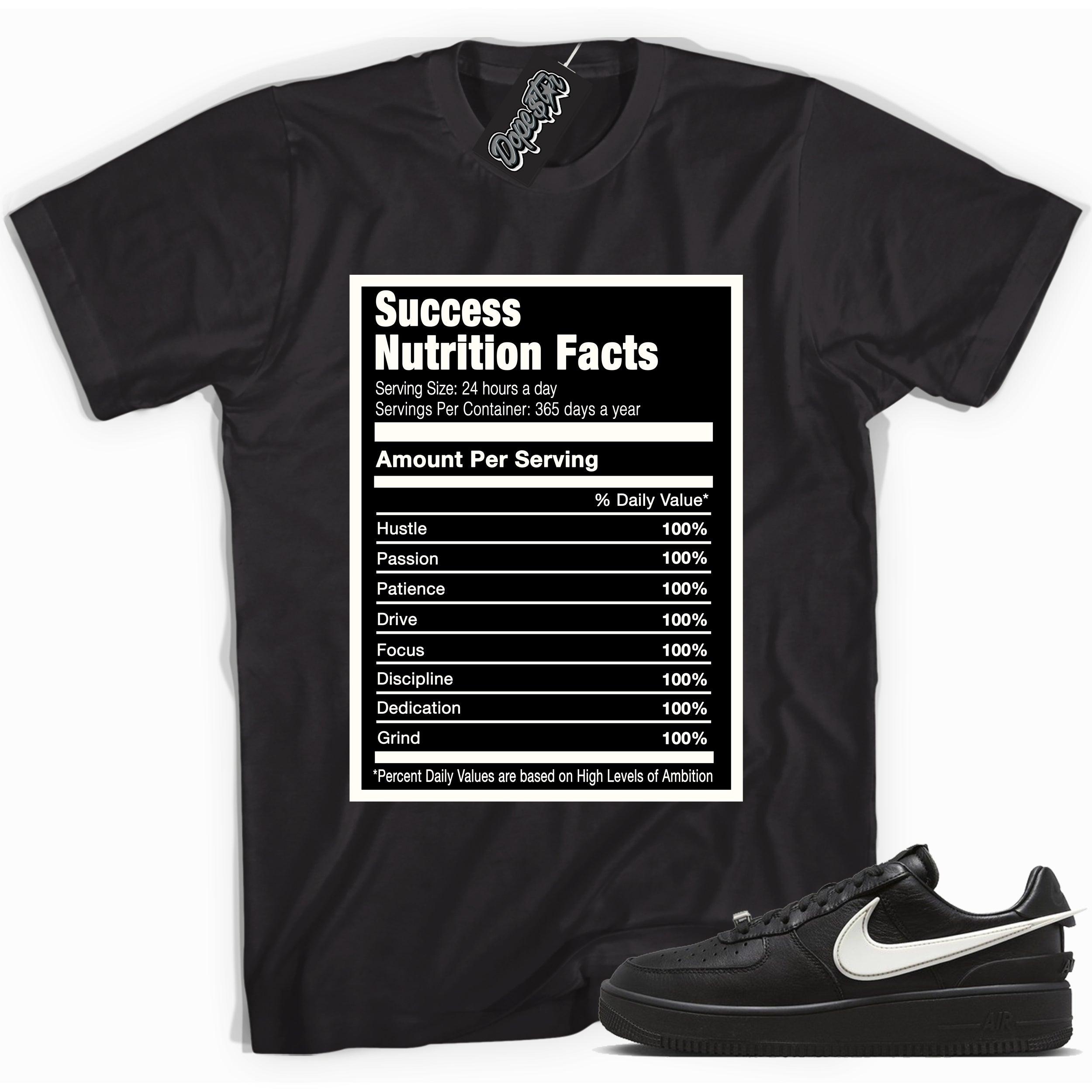Cool black graphic tee with 'success nutrition facts' print, that perfectly matches Nike Air Force 1 Low Ambush Phantom Black sneakers