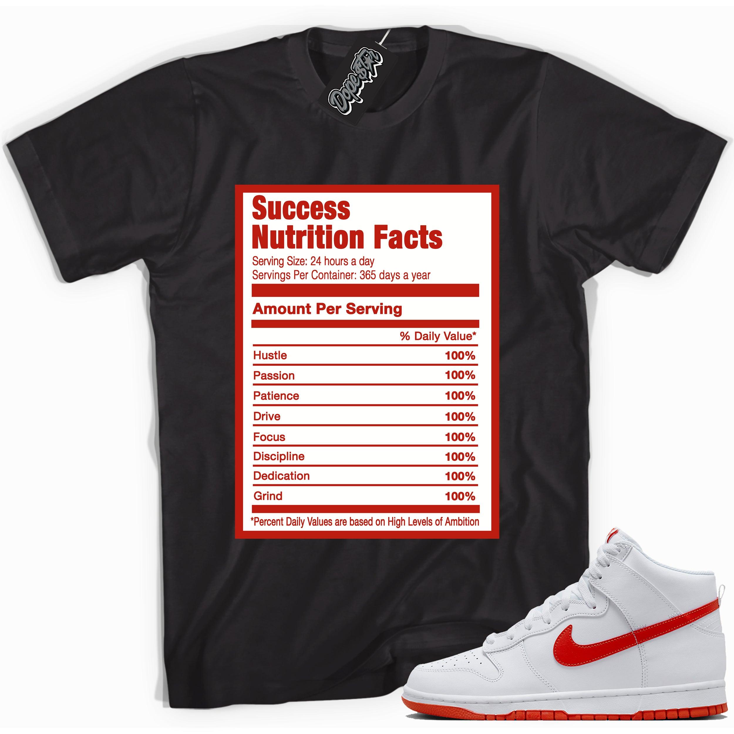 Cool black graphic tee with 'success nutrition facts' print, that perfectly matches Nike Dunk High White Picante Red sneakers.