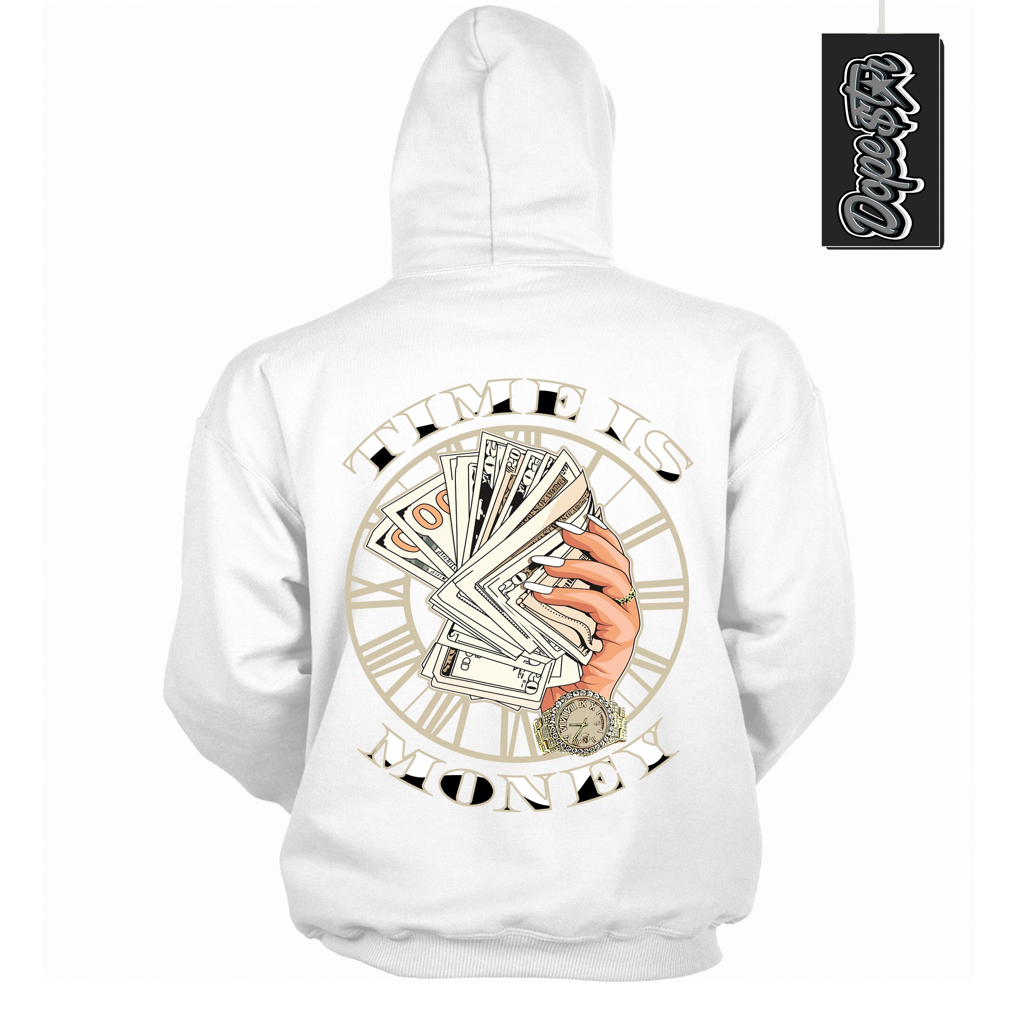 Cool White Hoodie with “ Time Is Money ”  design that Perfectly Matches Gratitude 11s Sneakers.