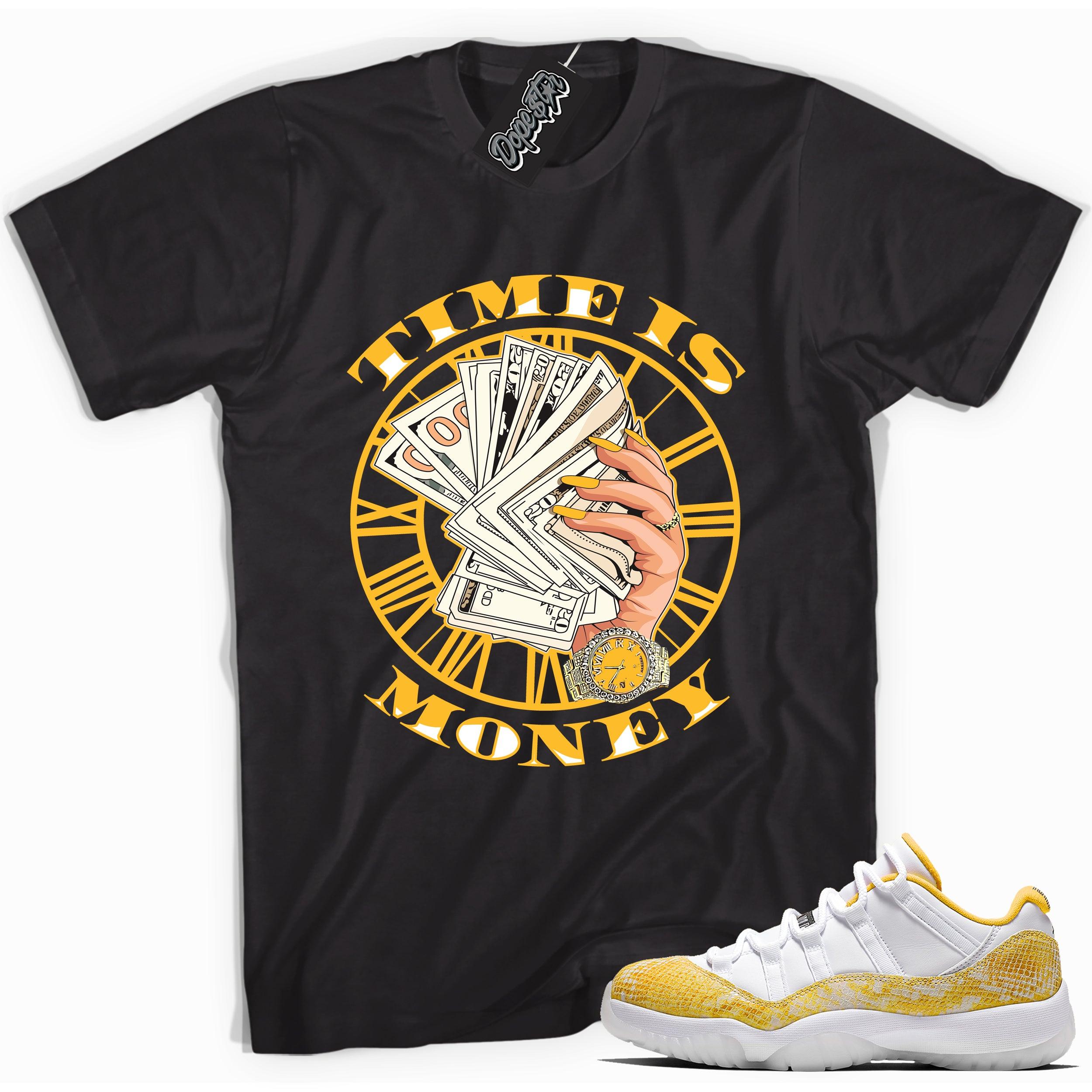 Cool black graphic tee with 'Time Is Money' print, that perfectly matches  Air Jordan 11 Retro Low Yellow Snakeskin sneakers