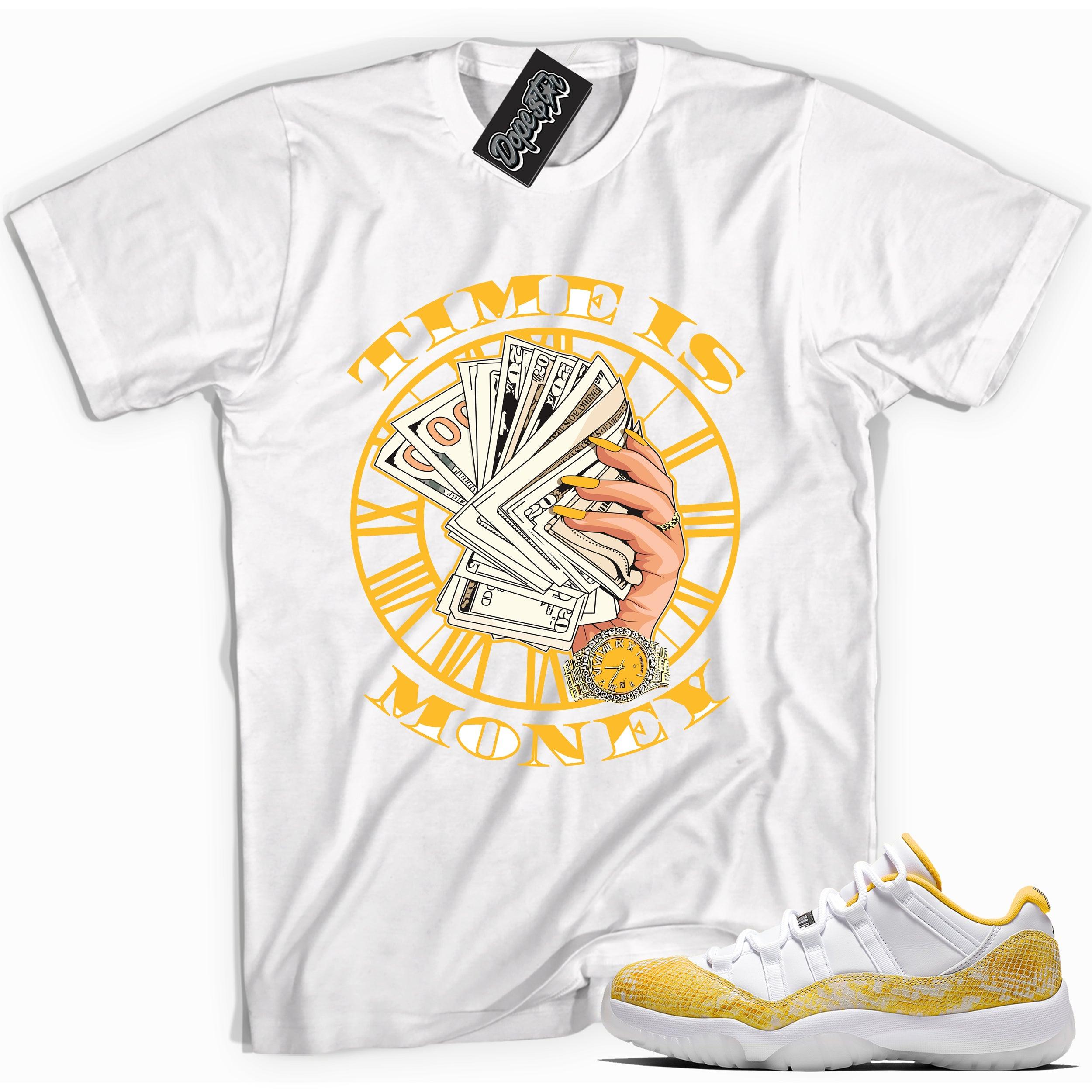 Cool white  graphic tee with 'Time Is Money' print, that perfectly matches Air Jordan 11 Retro Low Yellow Snakeskin sneakers