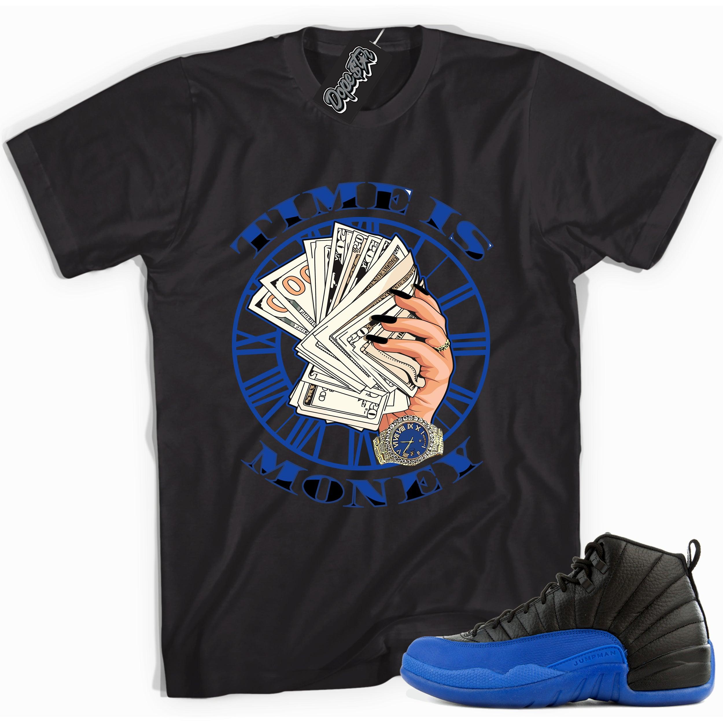 Cool black graphic tee with 'time is money' print, that perfectly matches  Air Jordan 12 Retro Black Game Royal sneakers.