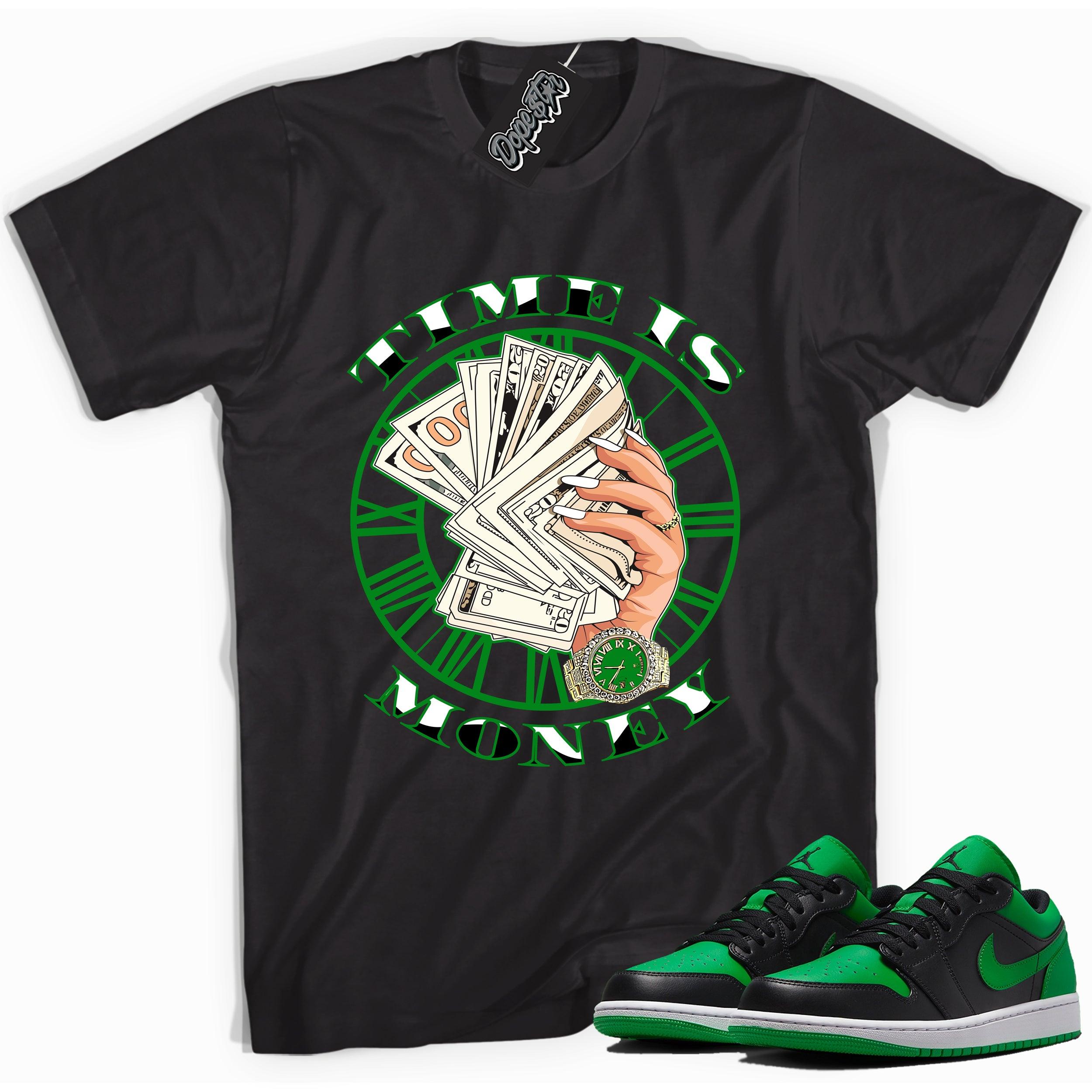 Cool black graphic tee with 'time is money' print, that perfectly matches Air Jordan 1 Low Lucky Green sneakers