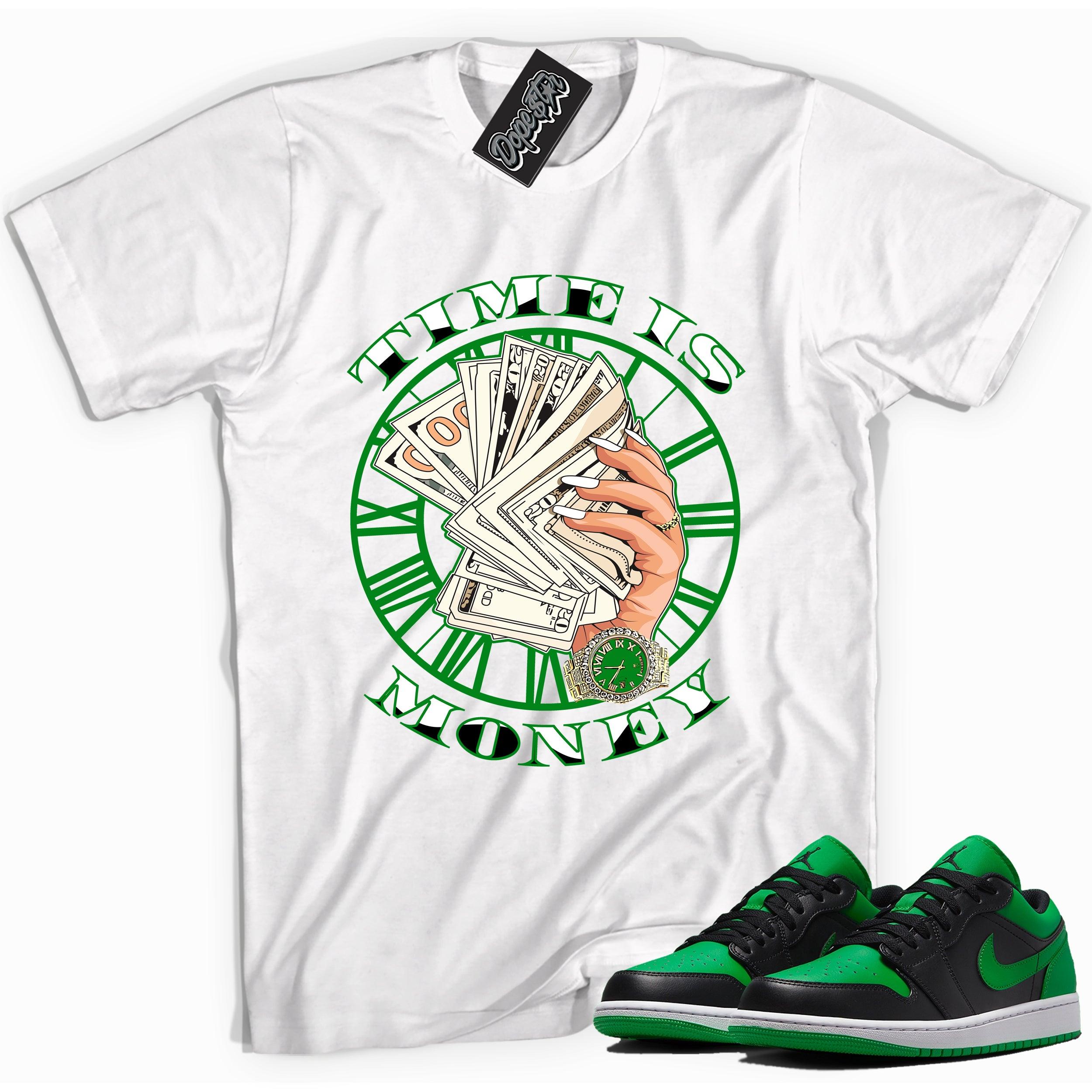 Cool white graphic tee with 'time is money' print, that perfectly matches Air Jordan 1 Low Lucky Green sneakers