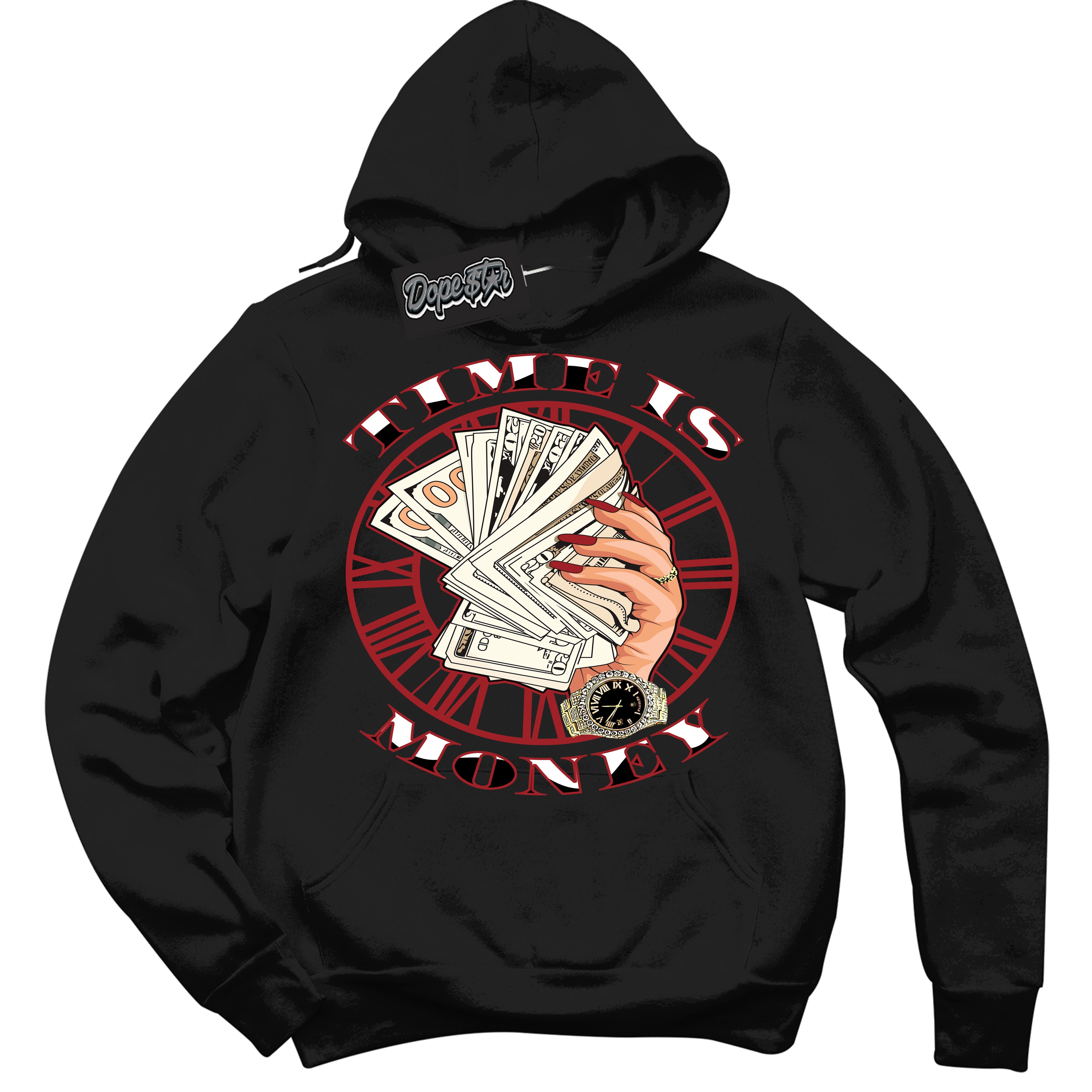 Cool Black Hoodie With “ Time Is Money “ Design That Perfectly Matches Lost And Found 1s Sneakers