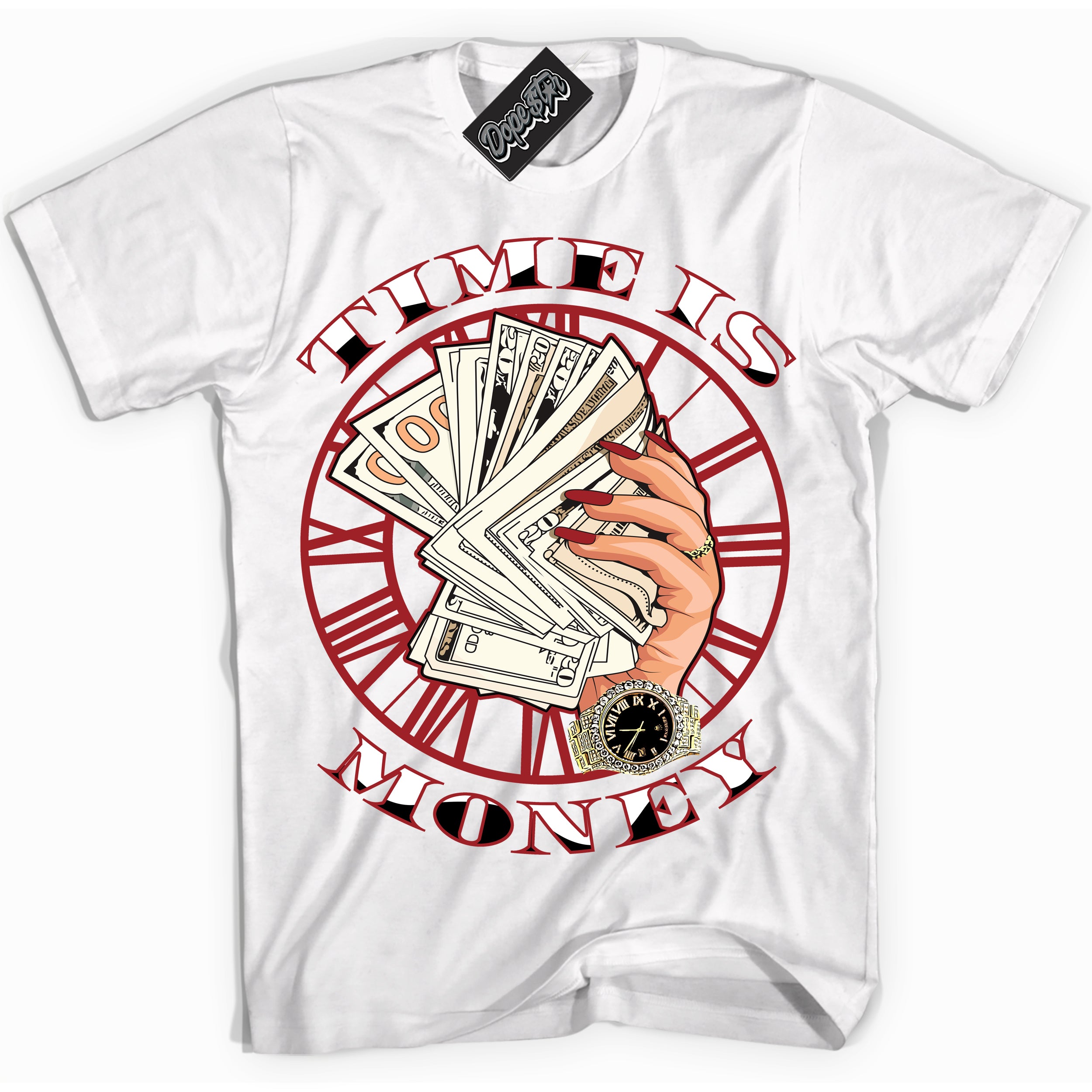 Cool White graphic tee with “ Time Is Money ” print, that perfectly matches Lost And Found 1s sneakers 