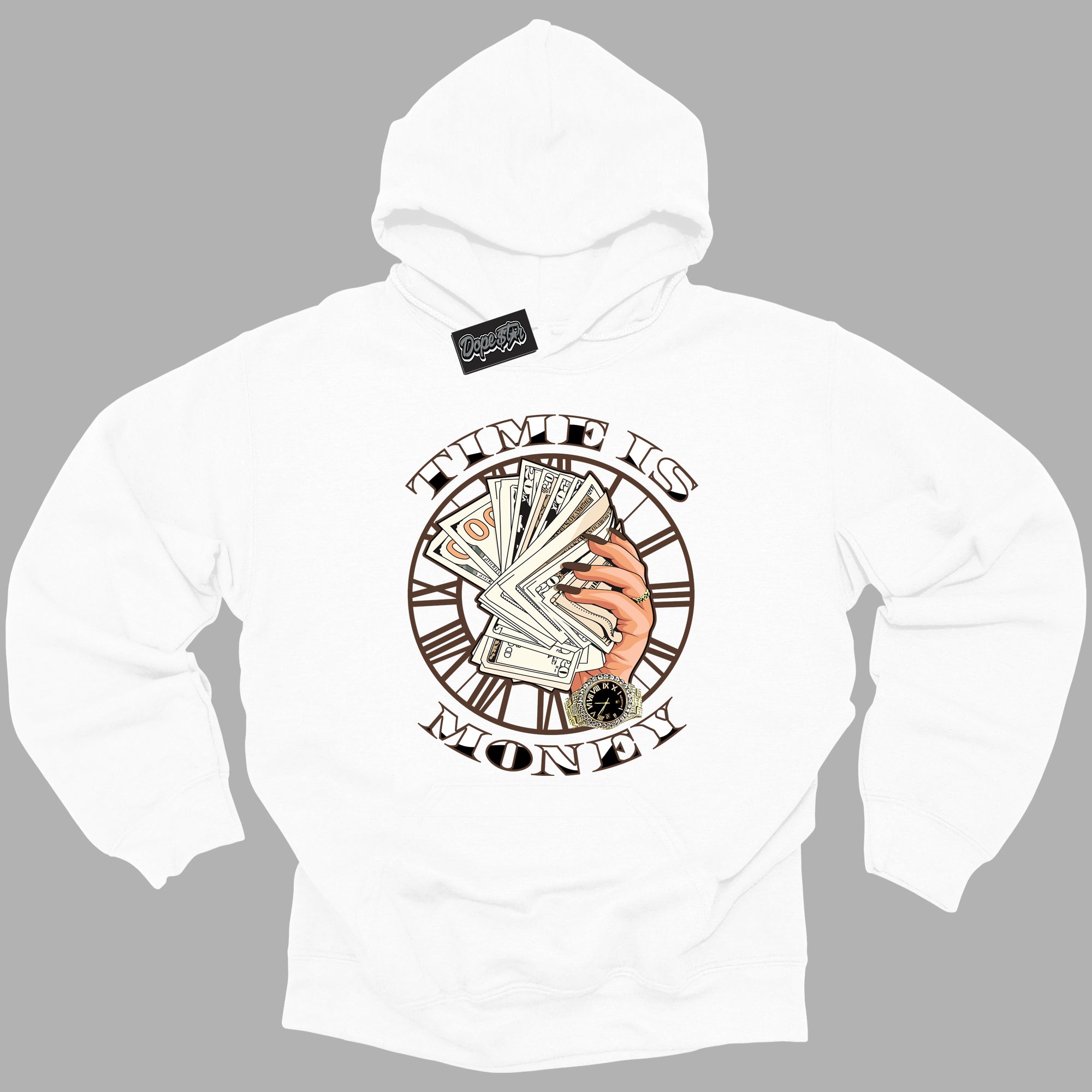 Cool White Graphic DopeStar Hoodie with “ Time Is Money “ print, that perfectly matches Palomino 1s sneakers