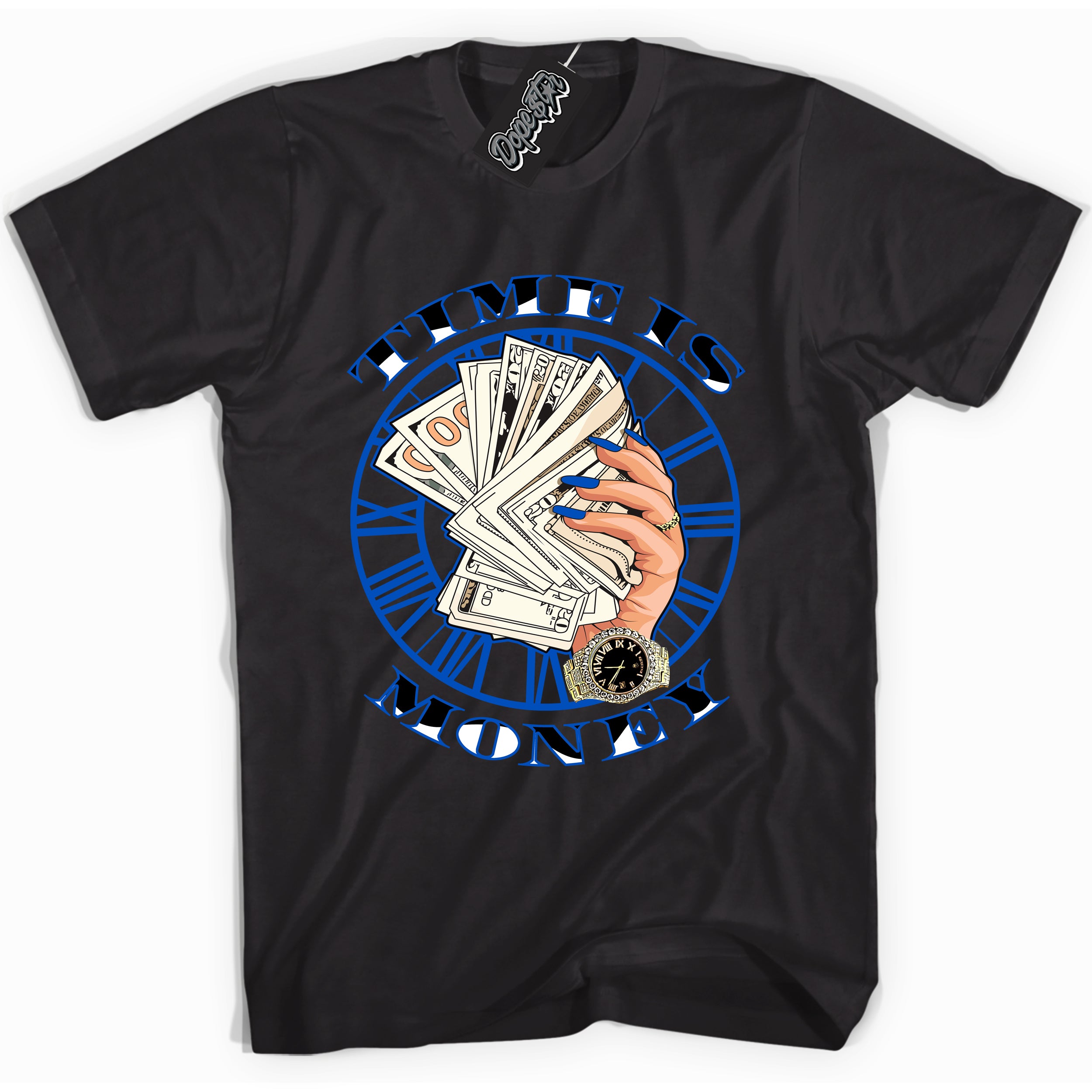 Cool Black graphic tee with "Time Is Money" design, that perfectly matches Royal Reimagined 1s sneakers 