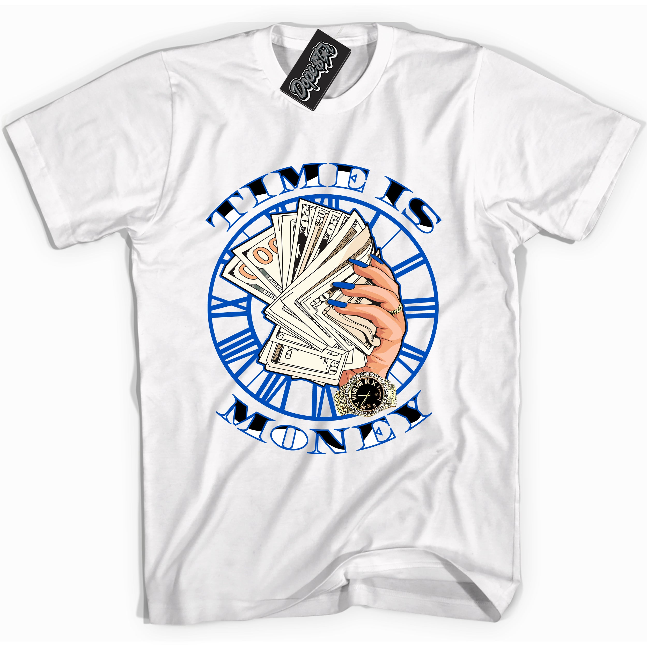 Cool White graphic tee with "Time Is Money" design, that perfectly matches Royal Reimagined 1s sneakers 