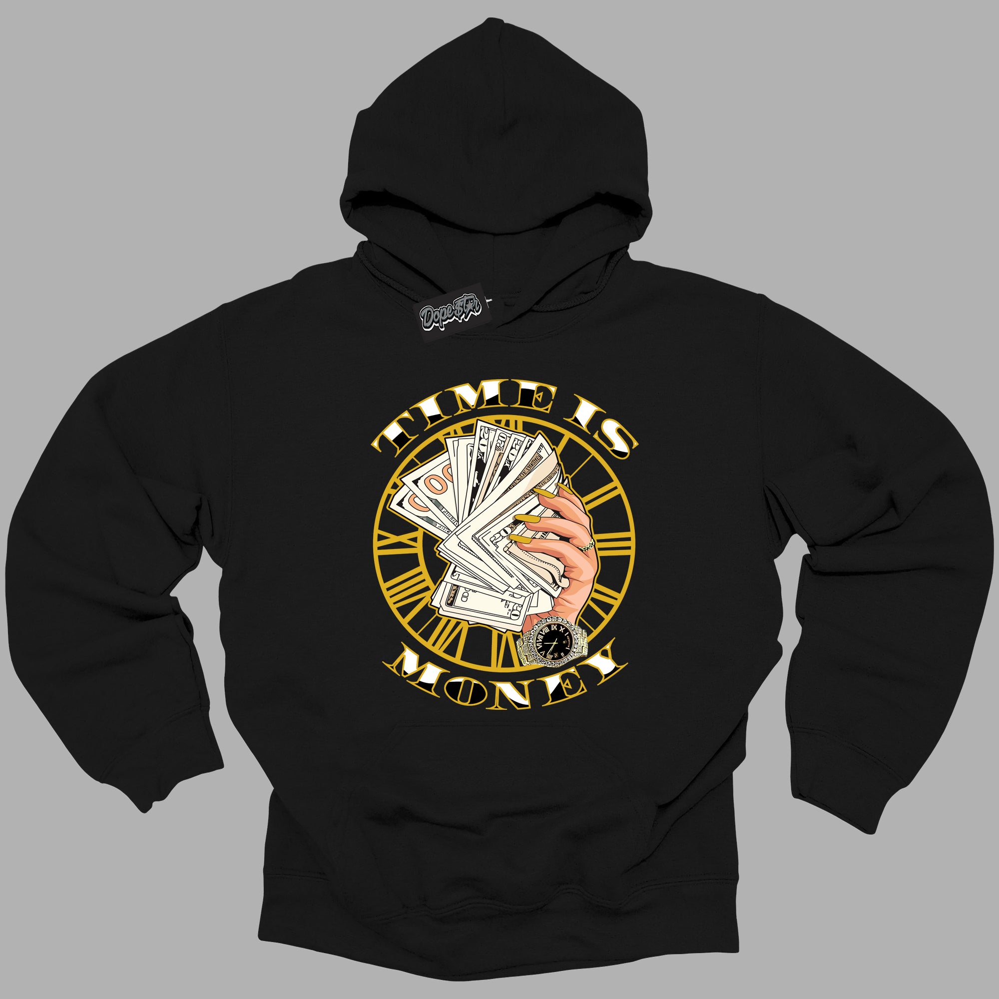 Cool Black Hoodie with “Time is Money ”  design that Perfectly Matches Yellow Ochre 6s Sneakers.