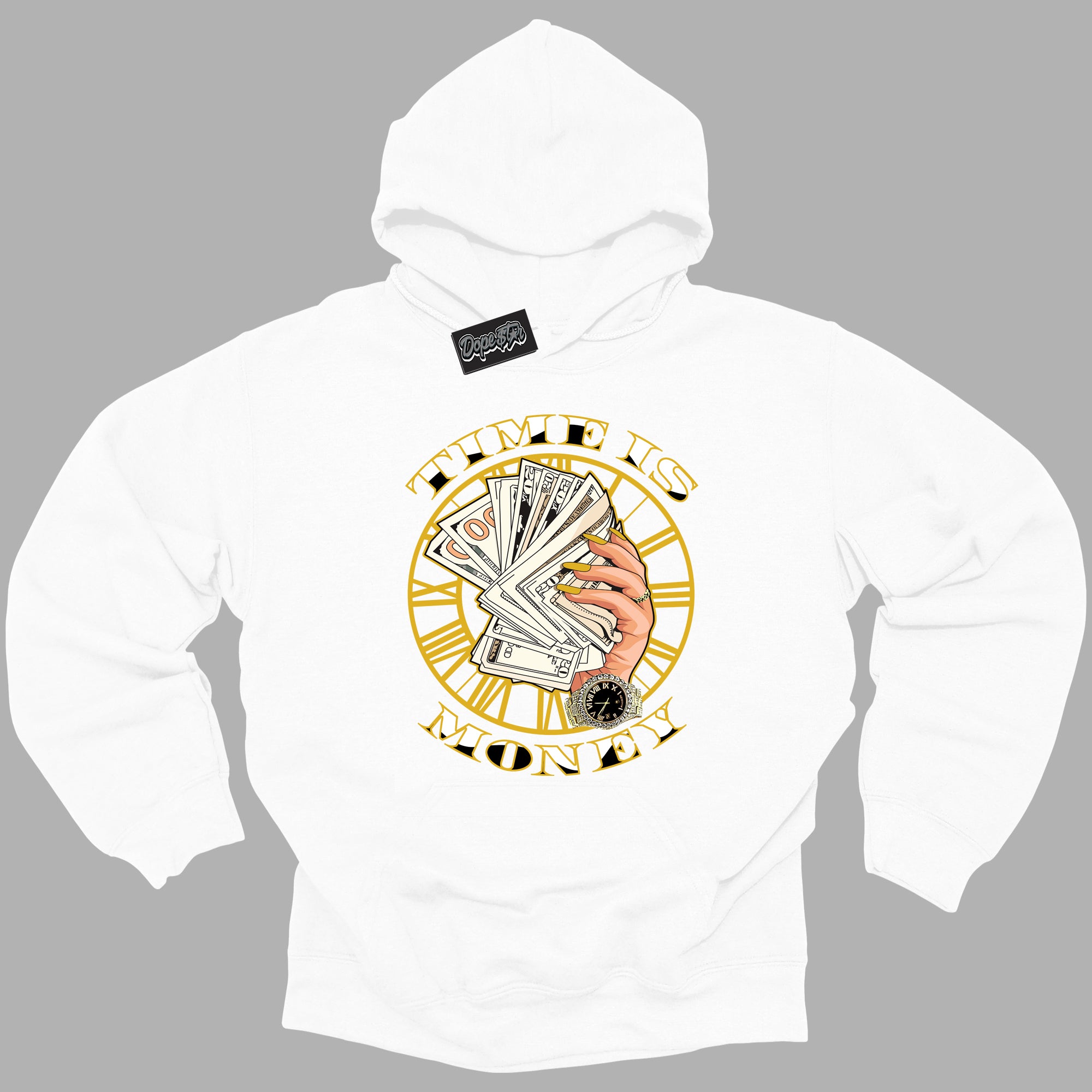 Cool White Hoodie with “Time is Money ”  design that Perfectly Matches Yellow Ochre 6s Sneakers.