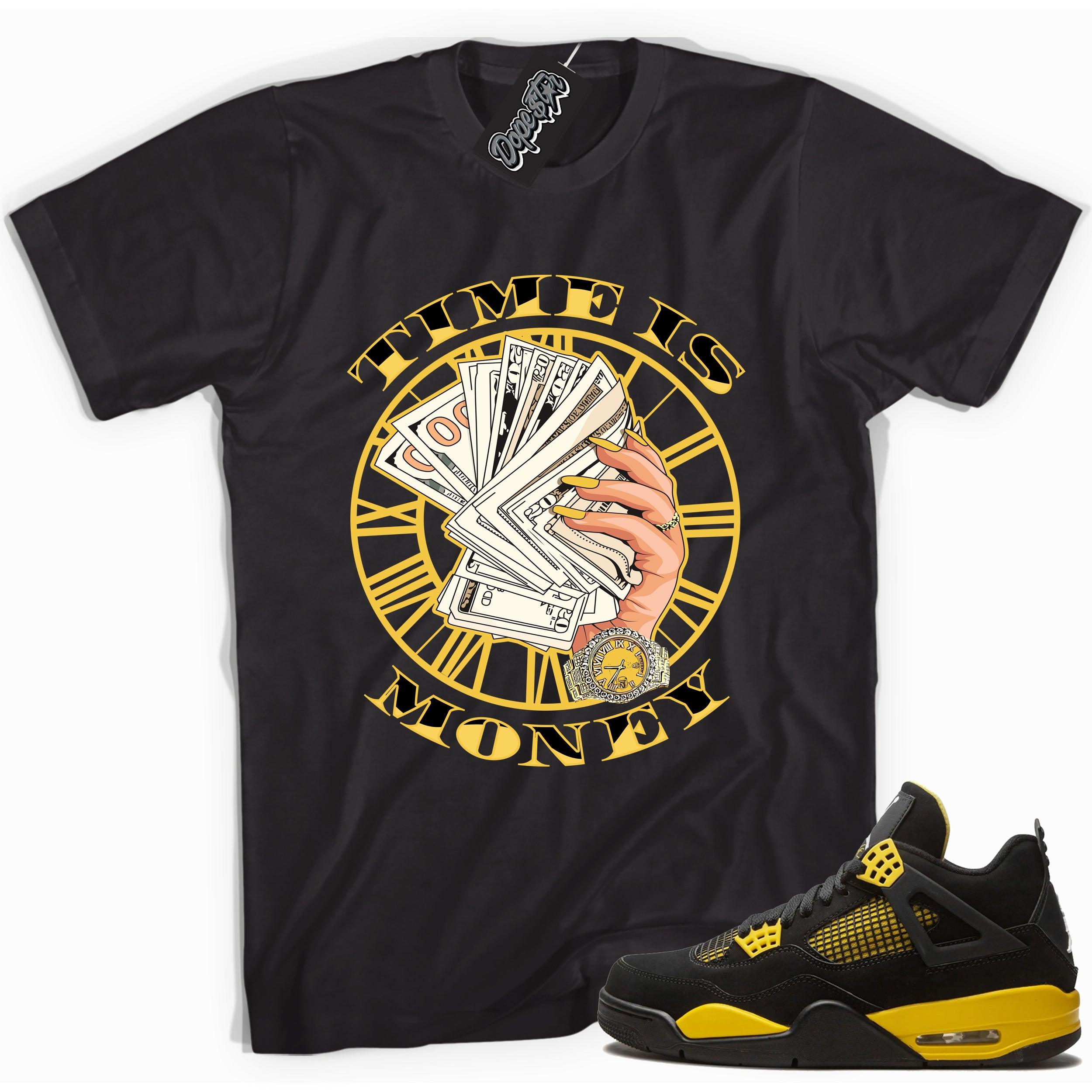 Cool black graphic tee with 'time is money' print, that perfectly matches  Air Jordan 4 Thunder sneakers