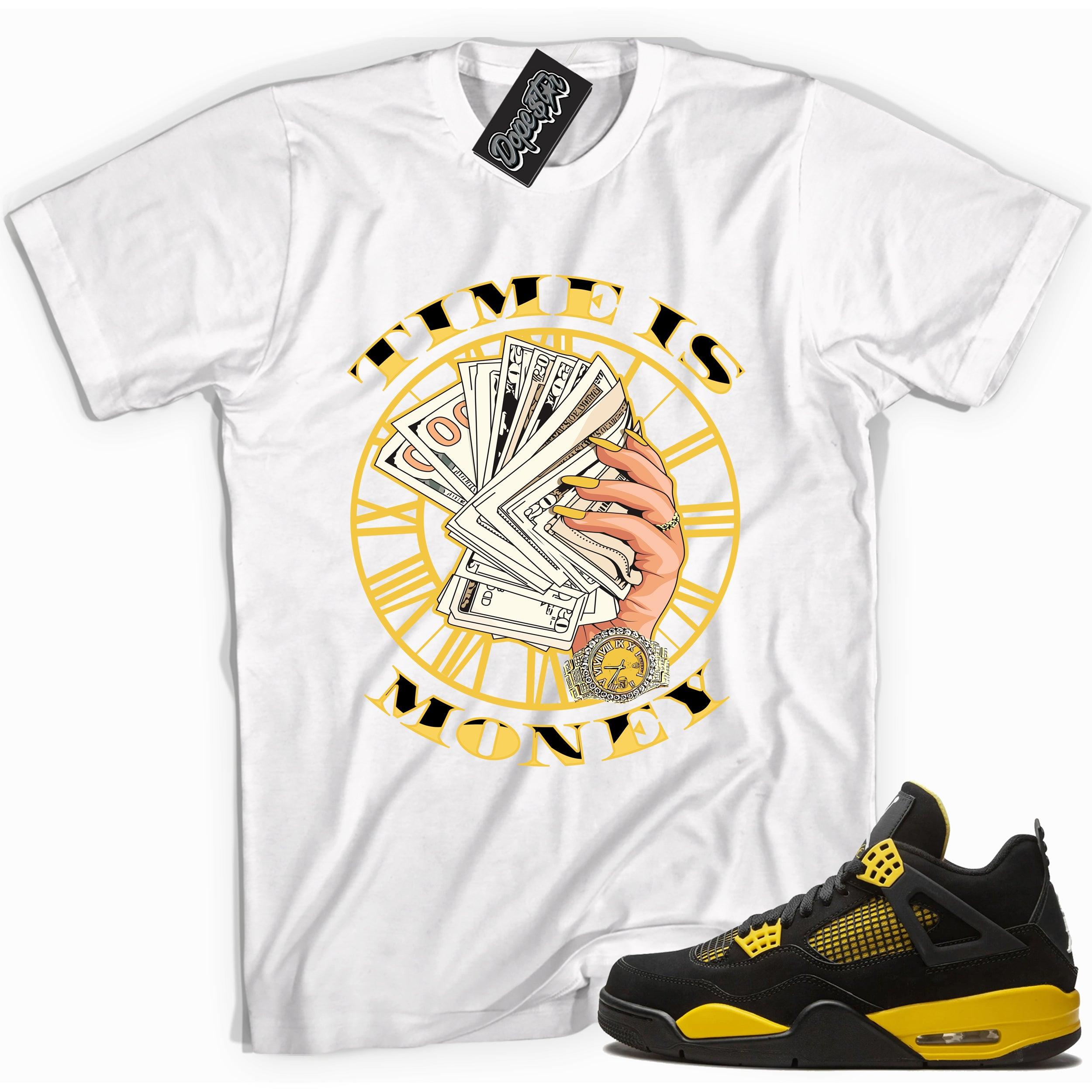 Cool white graphic tee with 'time is money' print, that perfectly matches Air Jordan 4 Thunder sneakers