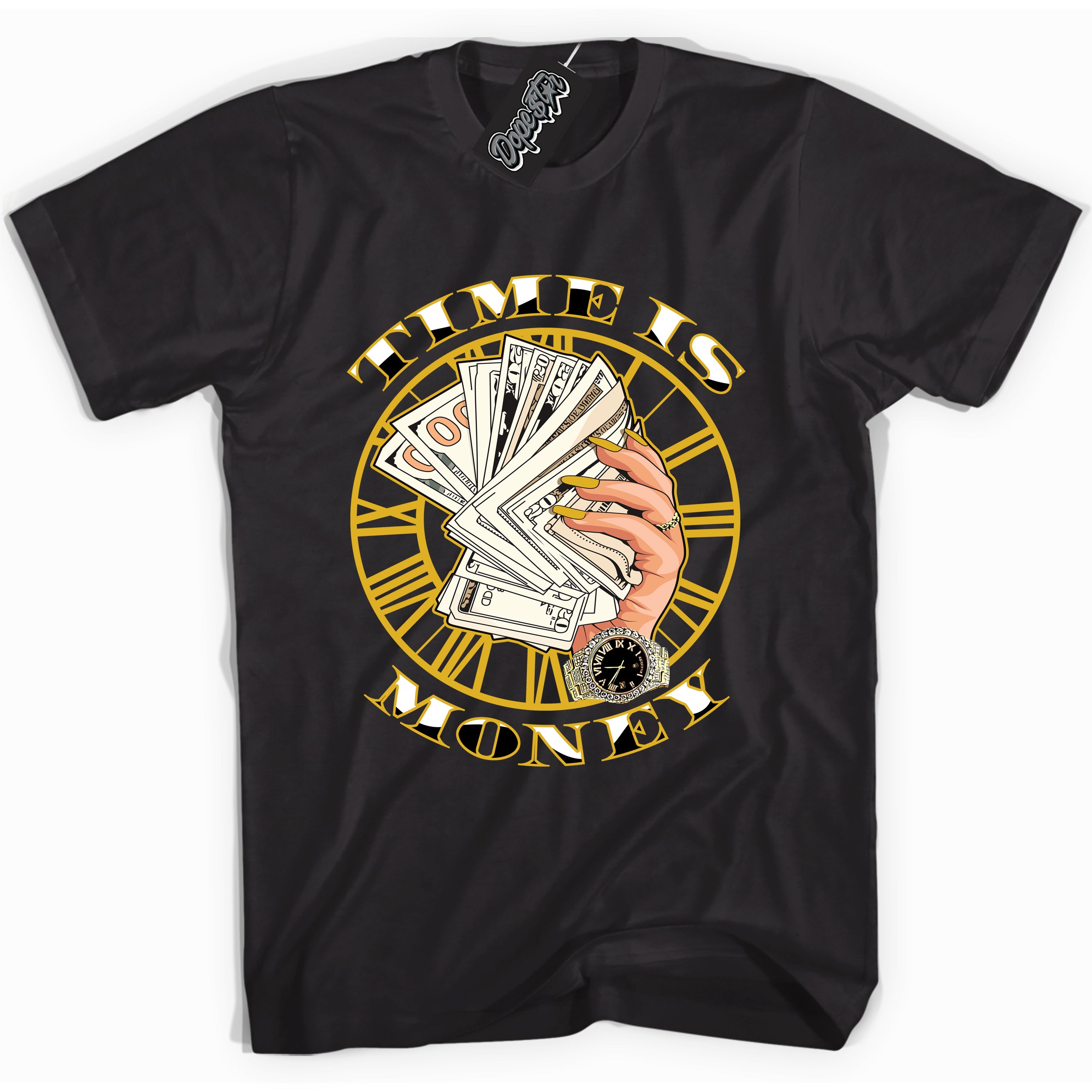 Cool black Shirt with “ Time is Money” design that perfectly matches Yellow Ochre 6s Sneakers.