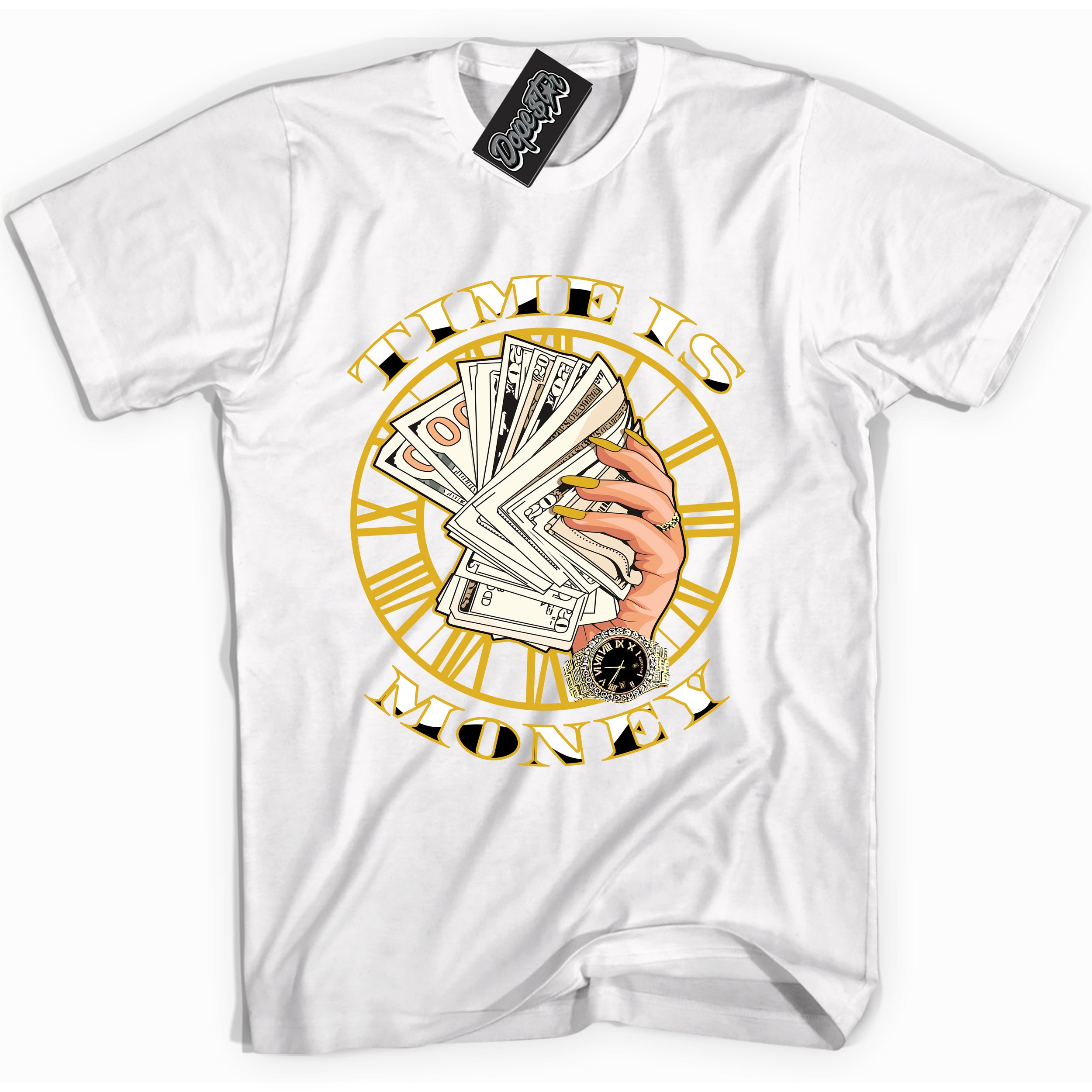 Cool white Shirt with “ Time is Money ” design that perfectly matches Yellow Ochre 6s Sneakers.