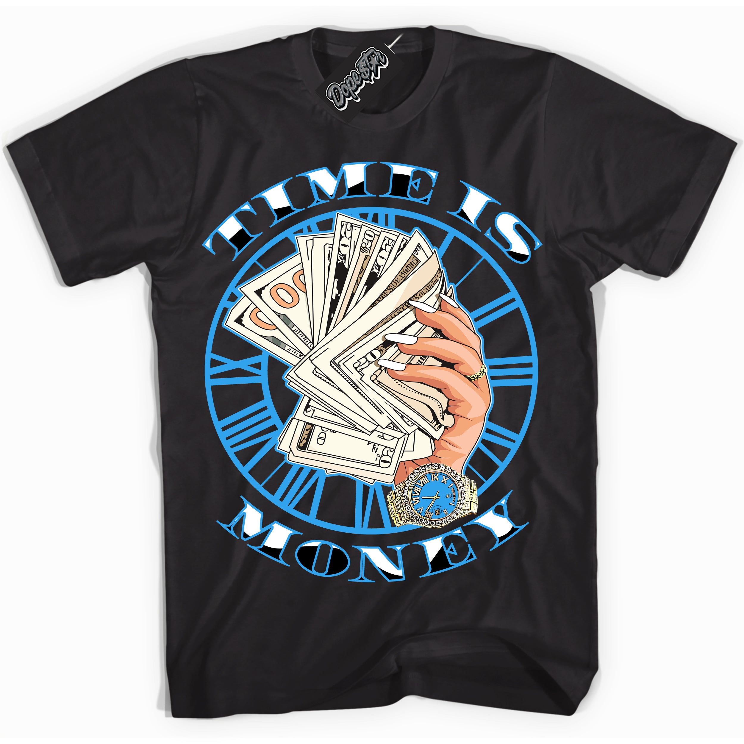 Cool Black graphic tee with “ Time Is Money ” design, that perfectly matches Powder Blue 9s sneakers 