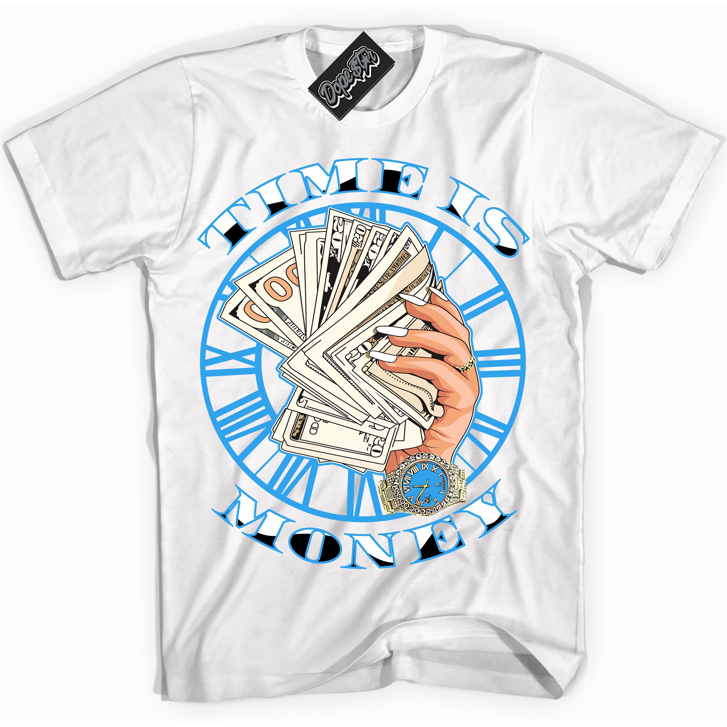 Cool White graphic tee with “ Time Is Money ” design, that perfectly matches Powder Blue 9s sneakers 