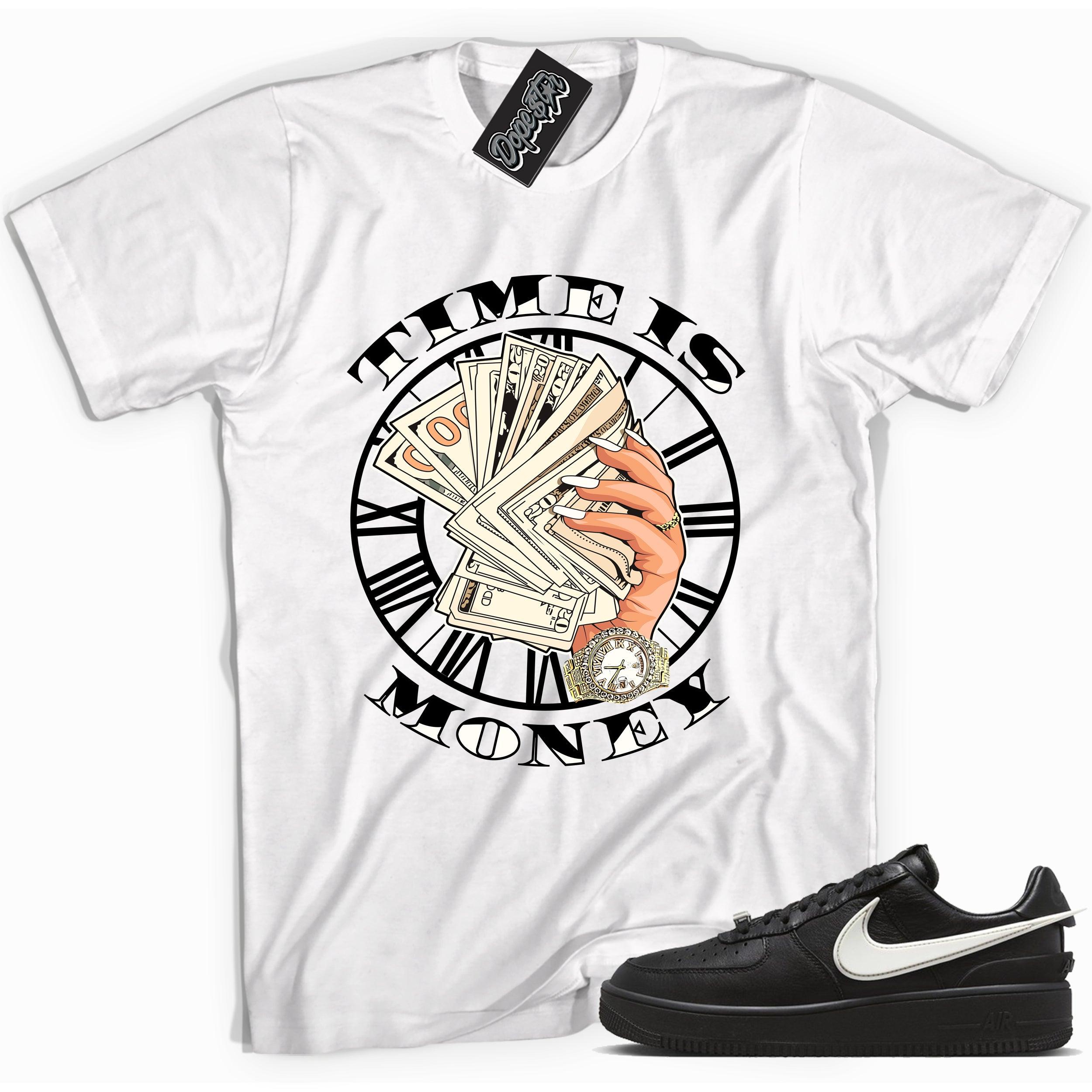 Cool white graphic tee with 'time is money' print, that perfectly matches Nike Air Force 1 Low SP Ambush Phantom sneakers.