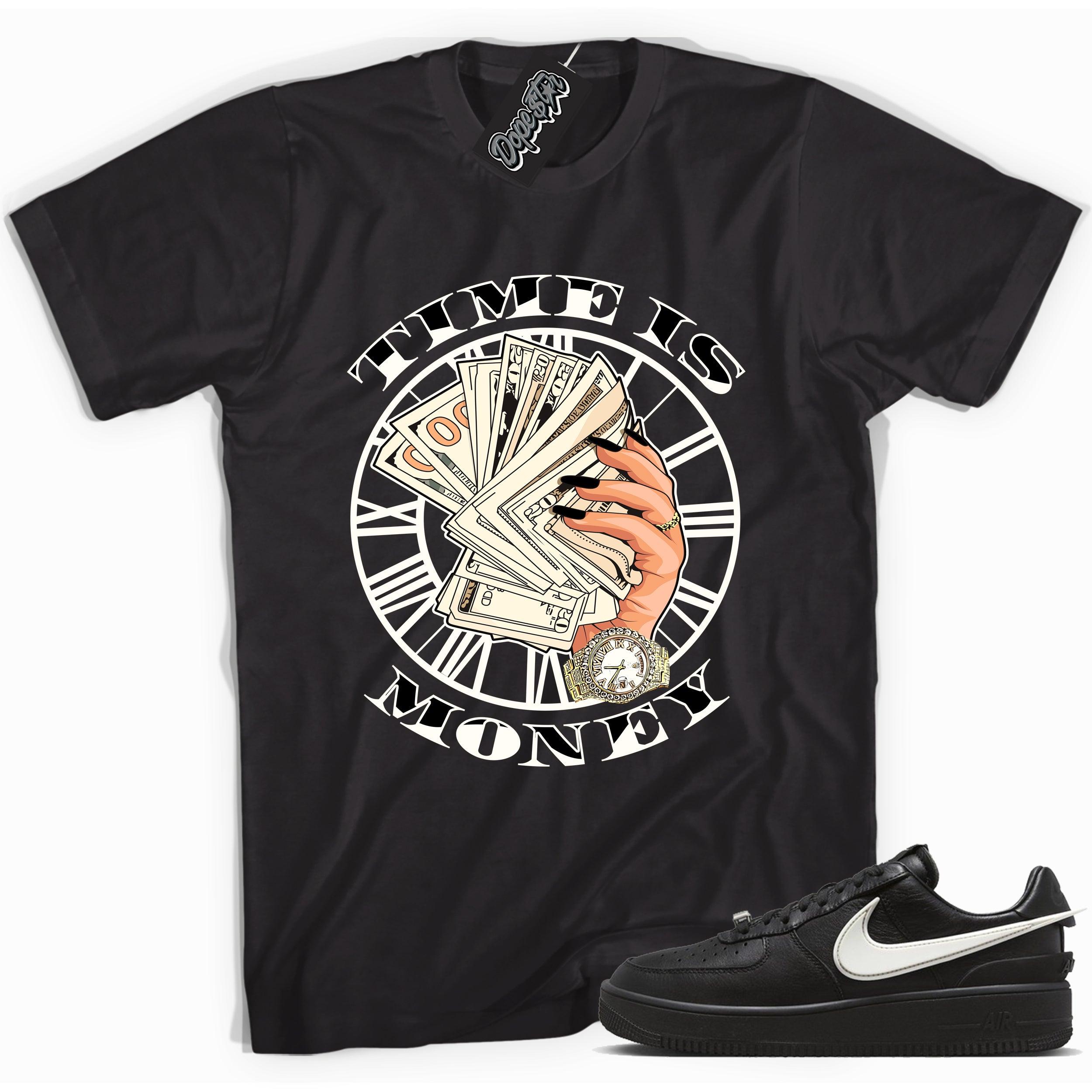Cool black graphic tee with 'time is money' print, that perfectly matches Nike Air Force 1 Low SP Ambush Phantom sneakers.