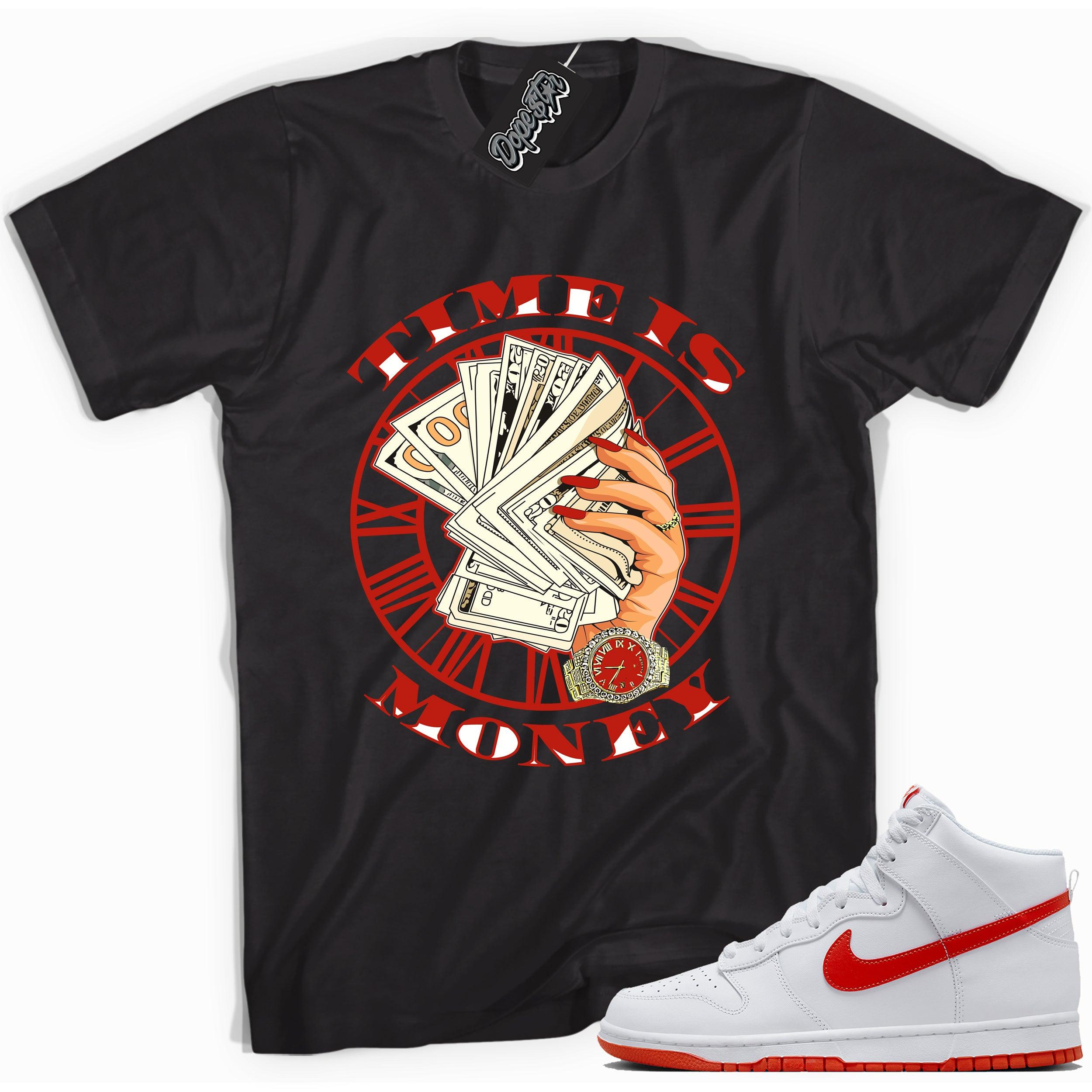 Cool black graphic tee with 'time is money' print, that perfectly matches Nike Dunk High White Picante Red sneakers.