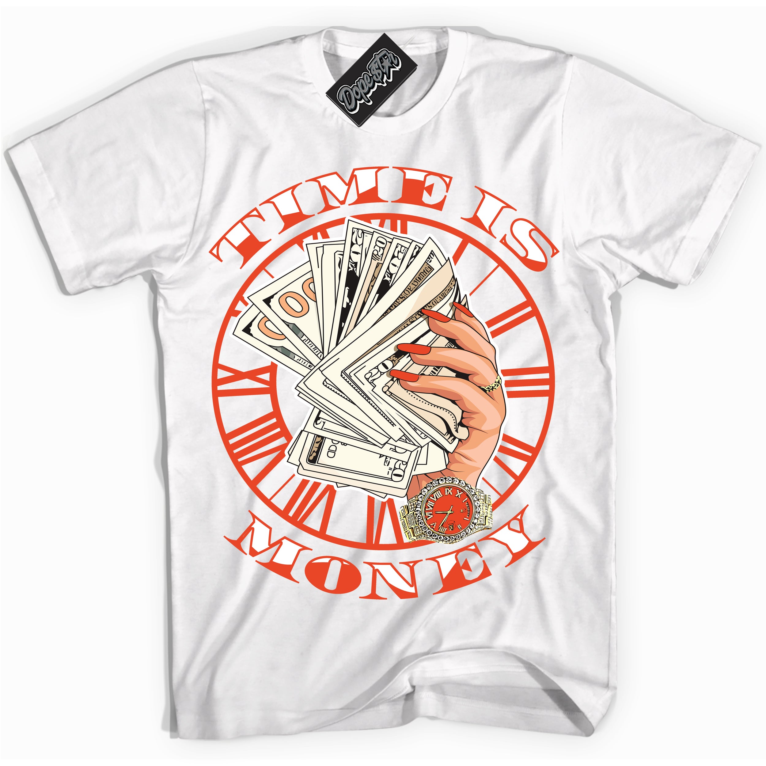 Nike Dunk Low Retro Cosmic Clay 'Time Is Money' Shirt - White Streetwear Mockup | Sneakerhead T-Shirt Matching Nike Dunk Low Retro Cosmic Clay | Limited Edition Urban Streetwear for Sneaker Matching OOTD | Outfits that pair perfectly with your ND Low Retro Cosmic Clay | Sneakerhead Fashion Must-Have Apparel for Men and Women