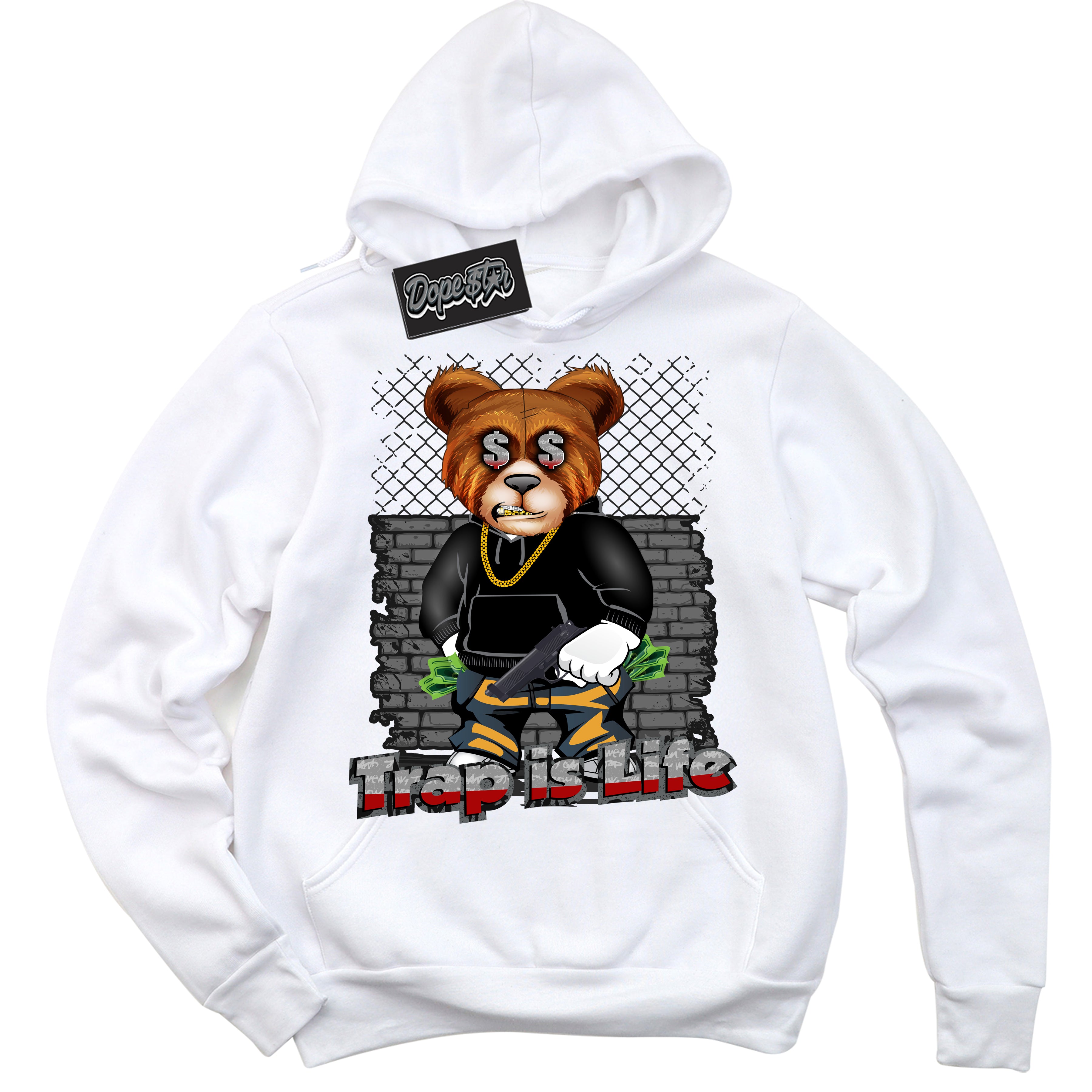 Cool White Hoodie with “ Trap Is Life ”  design that Perfectly Matches Rebellionaire 1s Sneakers.